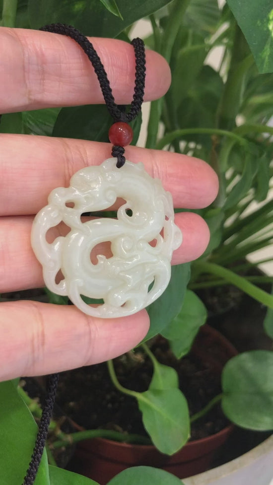 Load and play video in Gallery viewer, RealJade &amp;quot;Jade Dragon In Cloud&amp;quot; Genuine White Nephrite Jade Dragon Pendant Necklace
