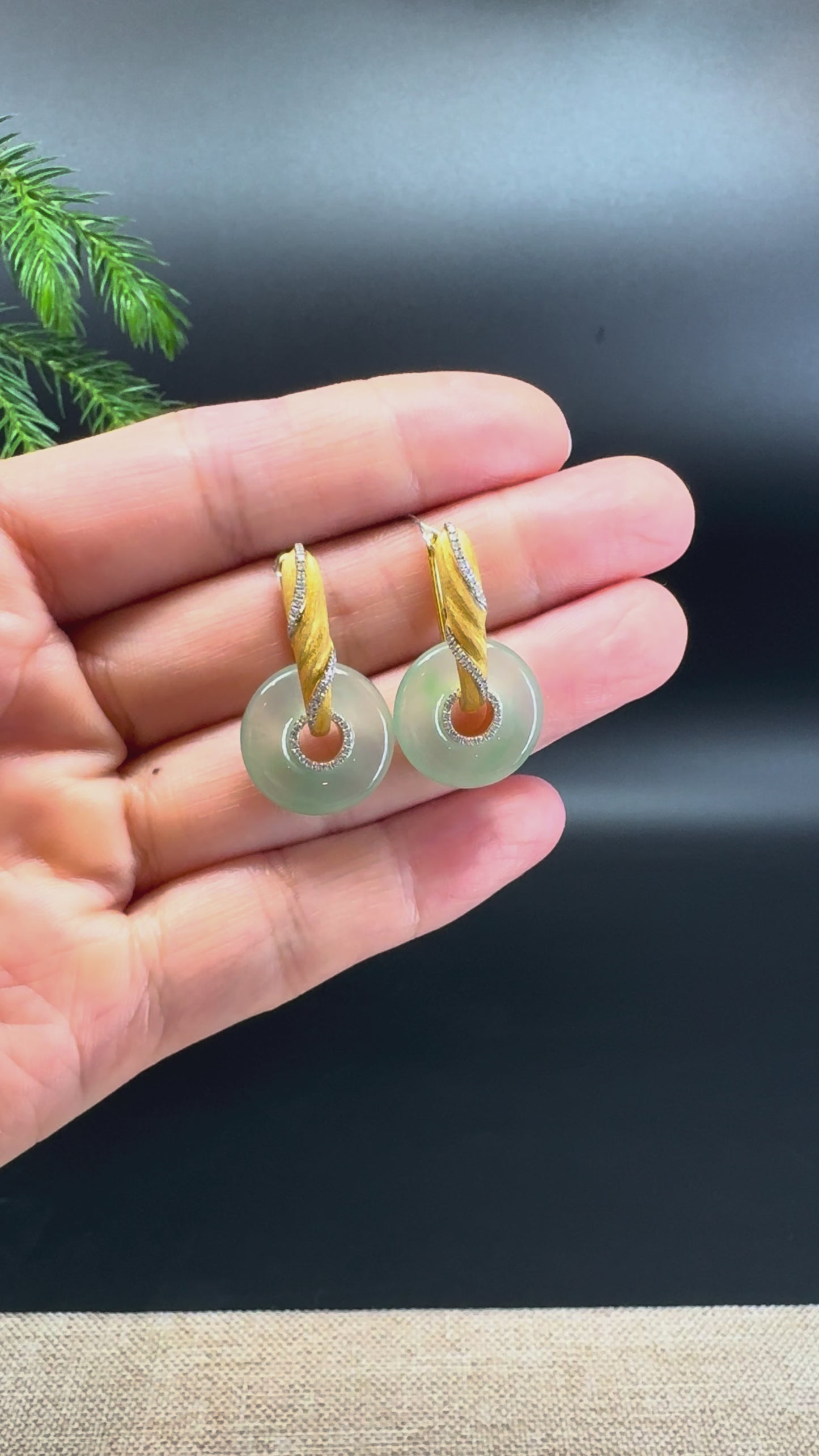 Load and play video in Gallery viewer, 18k Yellow Gold Genuine Icy Green Koukou Jadeite Jade Diamonds Earrings
