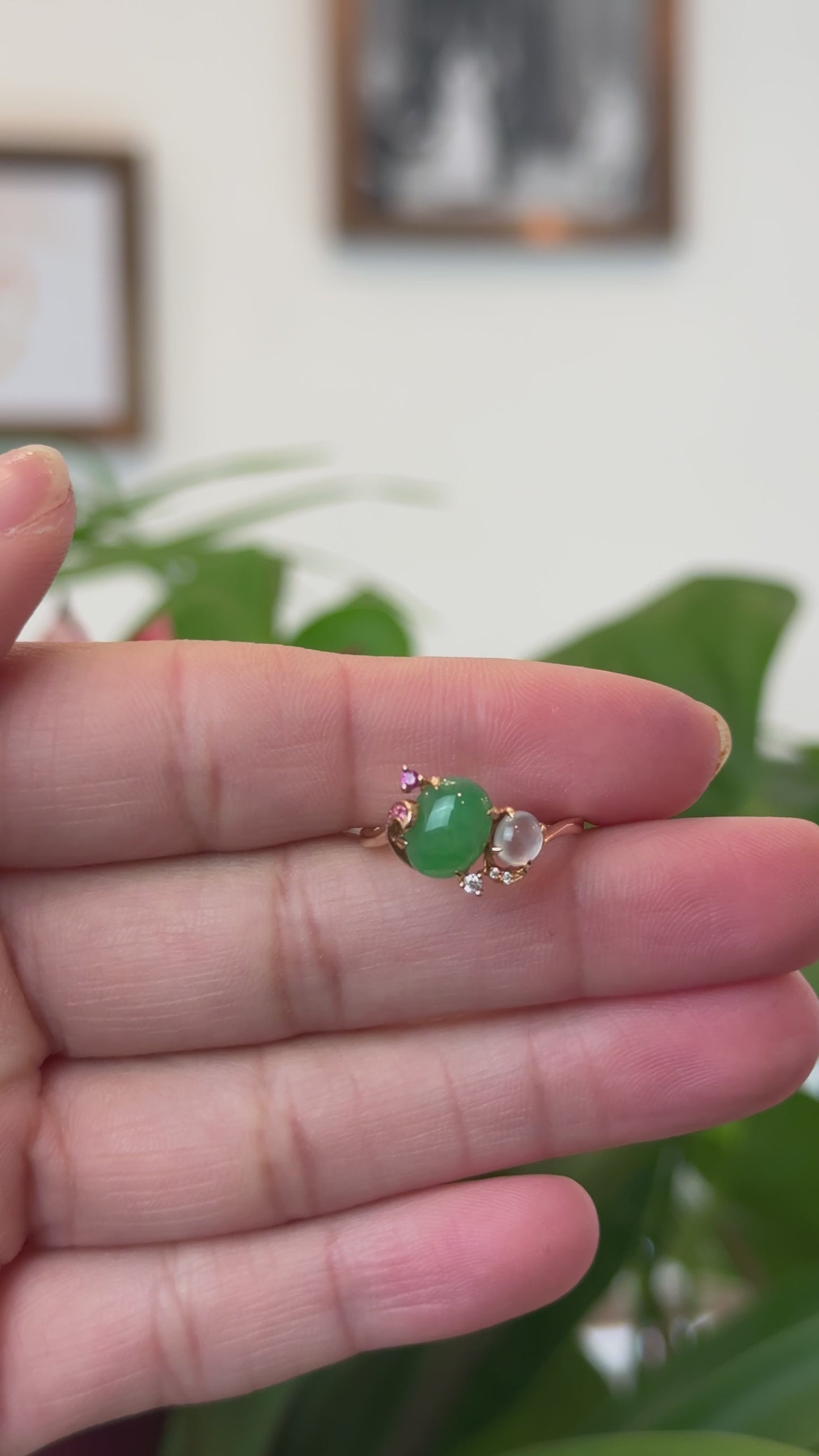 Load and play video in Gallery viewer, RealJade® Co. 18k Rose Gold Natural Imperial Jadeite Morning Glory Engagement Ring
