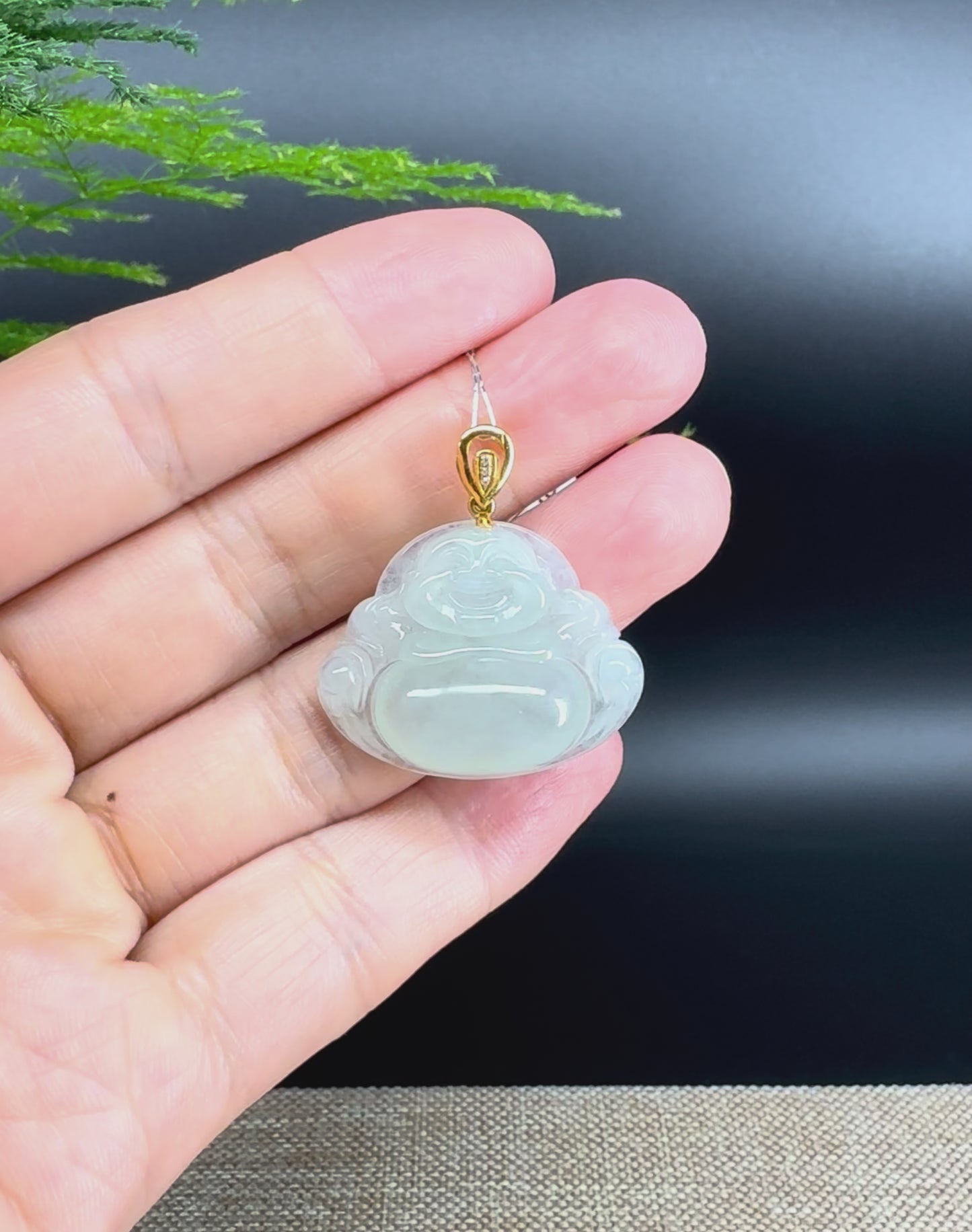 Load and play video in Gallery viewer, 18K Yellow Gold Burmese Icy Green Jadeite Jade Happy Buddha Pendant
