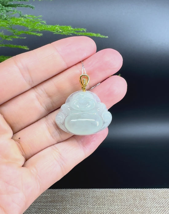 Load and play video in Gallery viewer, 18K Yellow Gold Burmese Icy Green Jadeite Jade Happy Buddha Pendant
