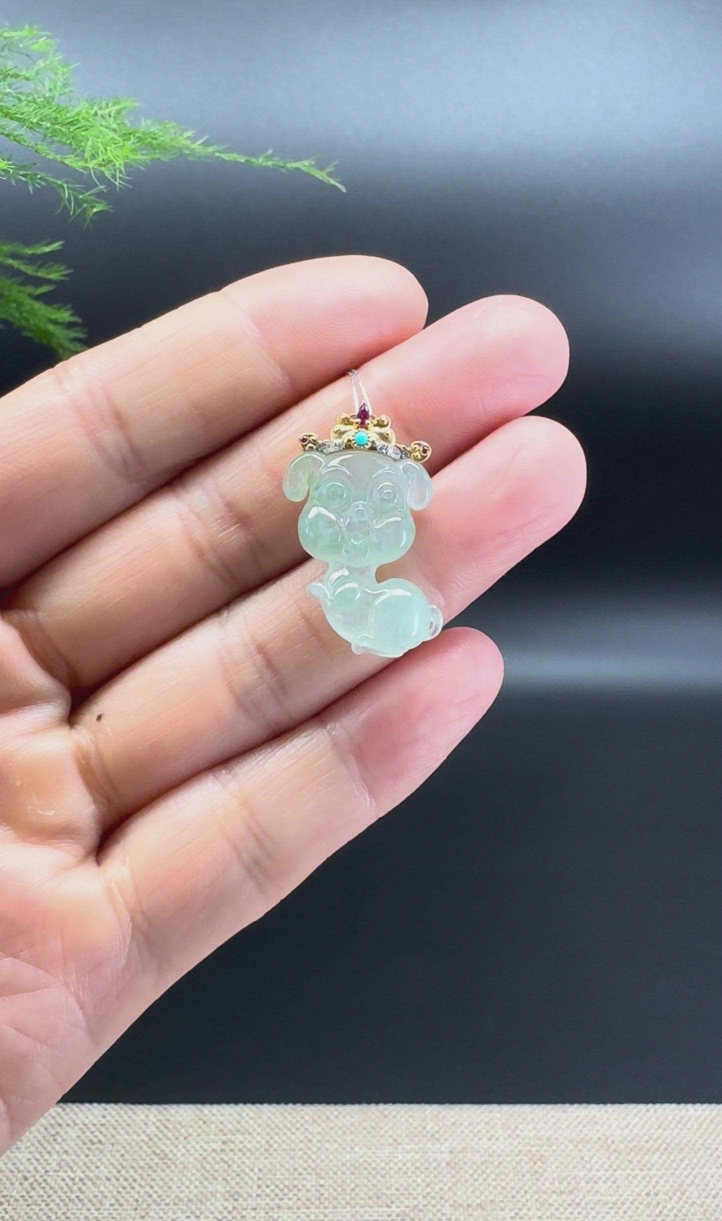 Load and play video in Gallery viewer, &amp;quot;Good Luck Button&amp;quot; Ice Jadeite Jade Puppy Dog Pendant With 18K Yellow Gold  Diamond Bail
