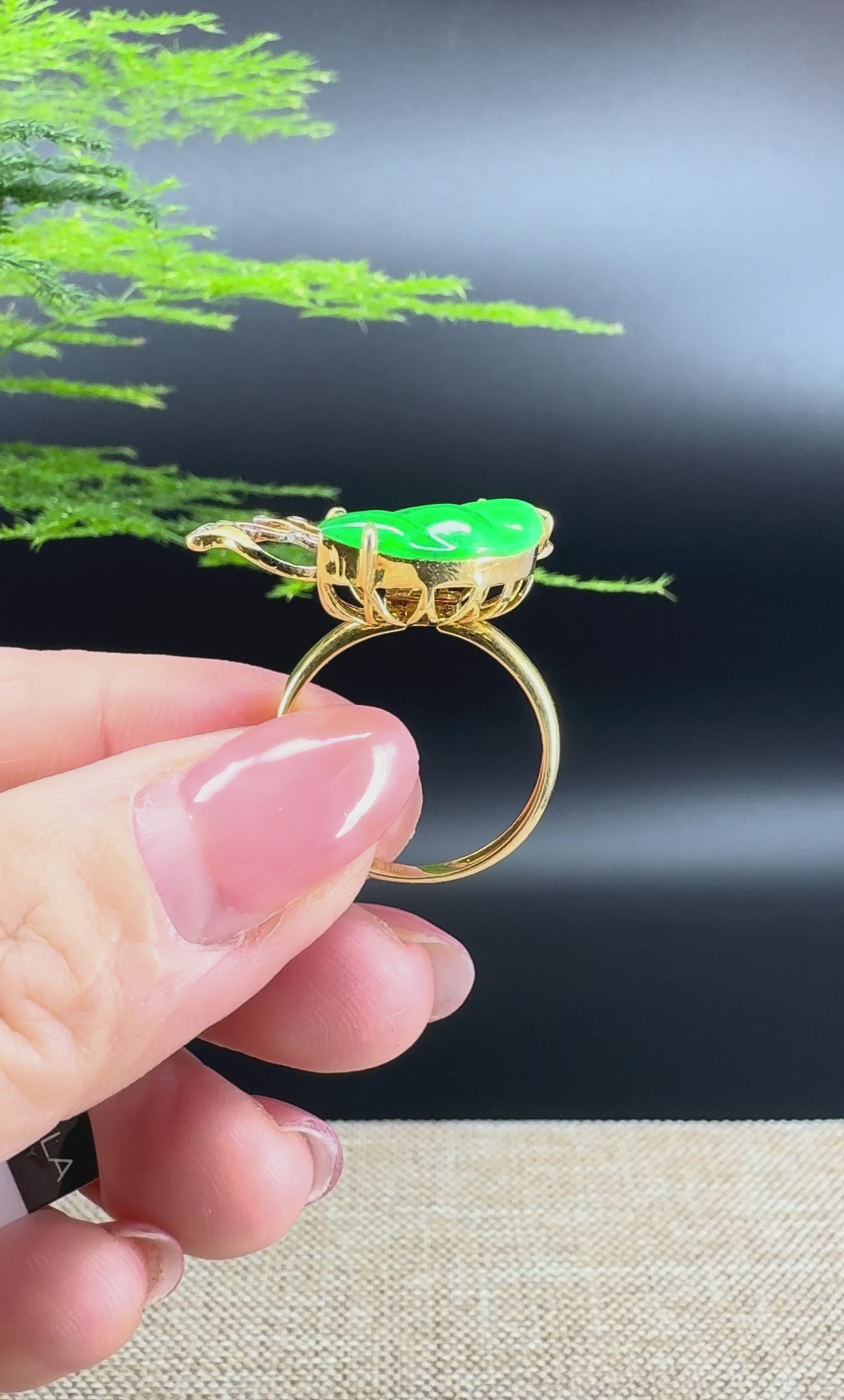 Load and play video in Gallery viewer, RealJade® &amp;quot;Signature Signet&amp;quot; 18K Yellow Gold Imperial Jadeite Jade Diamonds Butterfly Ring
