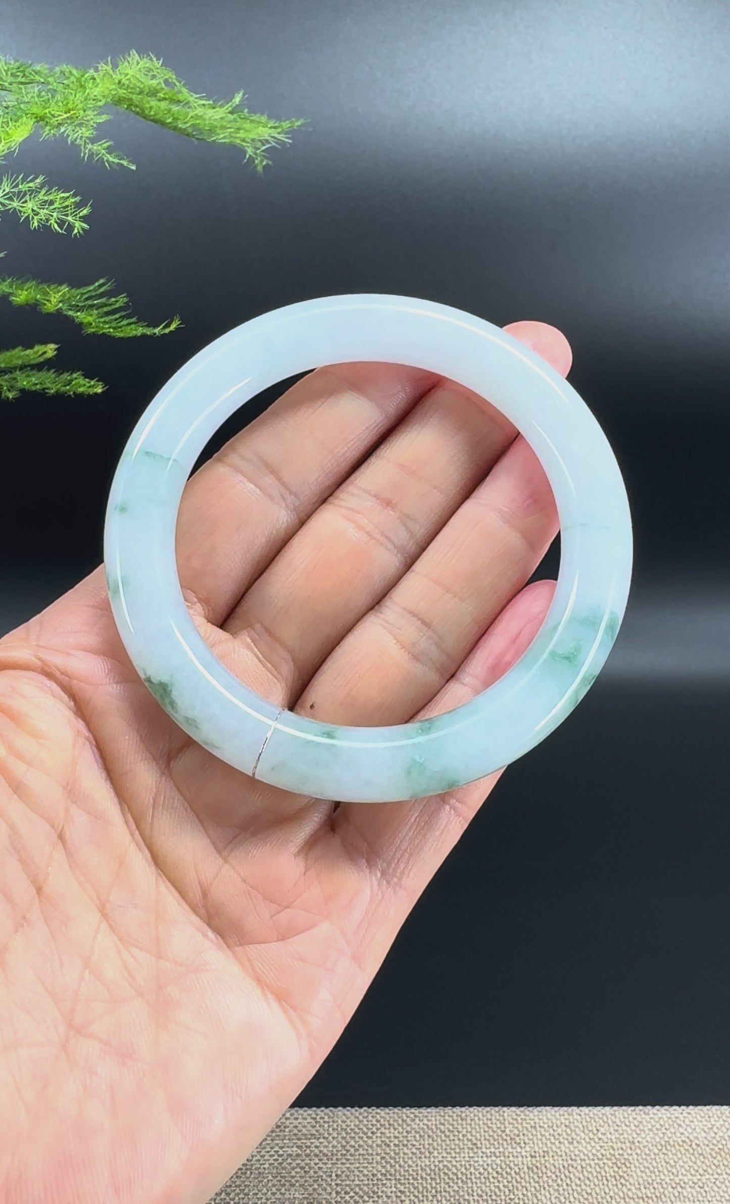 Genuine Burmese Icy Green Flower Jade Jadeite Bangle Bracelet ( 56.1mm )