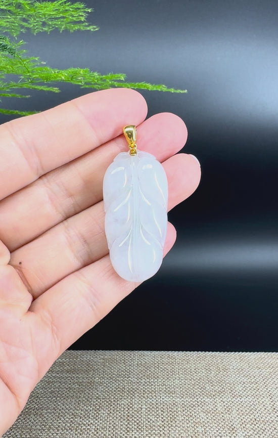 Load and play video in Gallery viewer, RealJade® Co. Genuine Ice Jadeite Jade Jin Zhi Yu Ye (Leaf) Necklace With 18K Yellow Gold Bail
