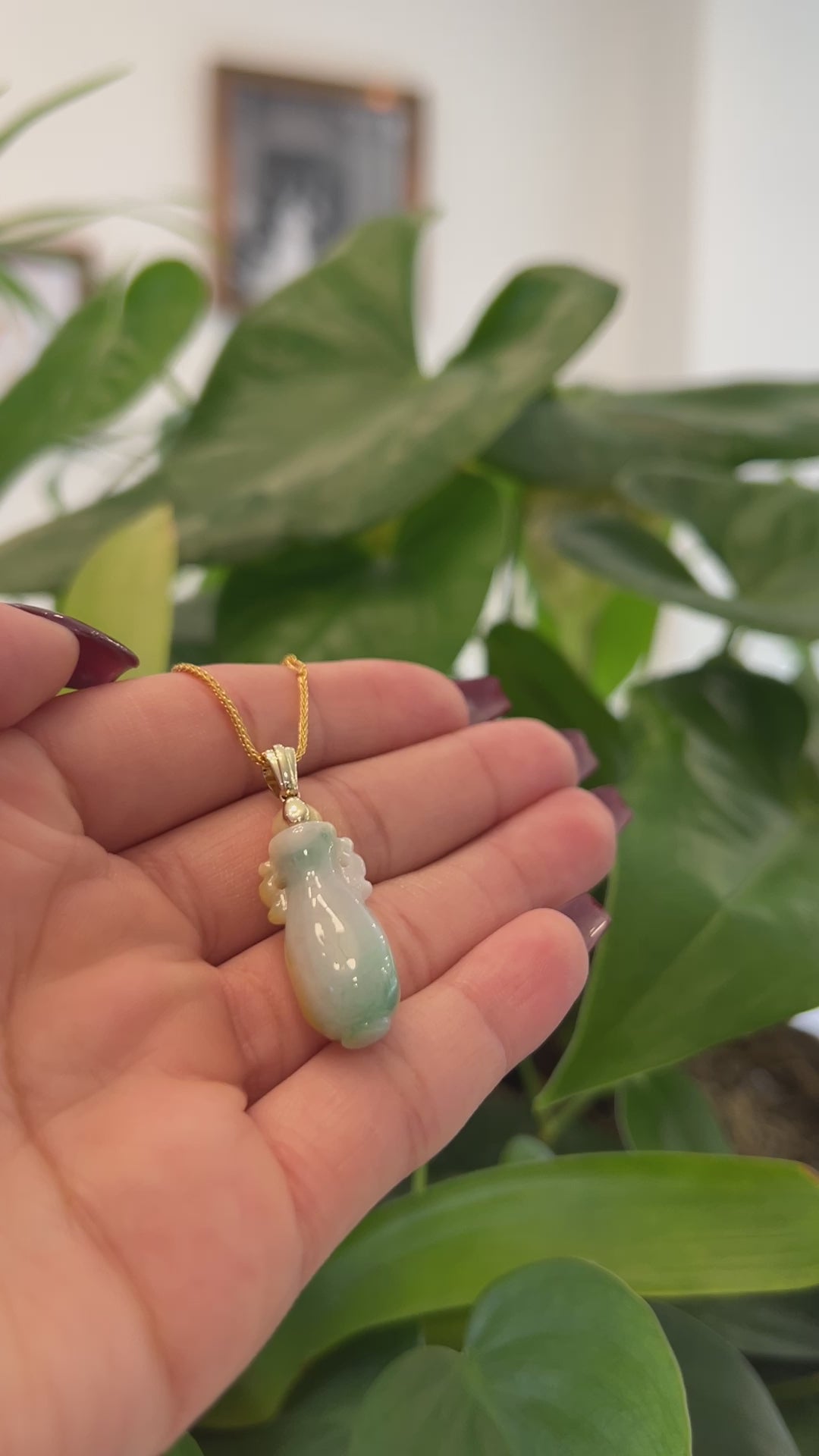 Load and play video in Gallery viewer, Natural Unique Jadeite Jade Lucky Bottle Necklace with 14k Yellow Gold Bail
