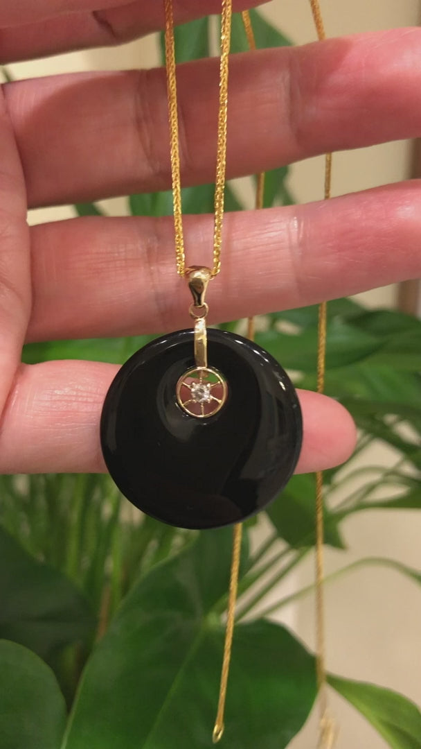 Load and play video in Gallery viewer, RealJade® Co. &amp;quot;Good Luck Button&amp;quot; Necklace Black Jadeite Jade Lucky KouKou Pendant Necklace
