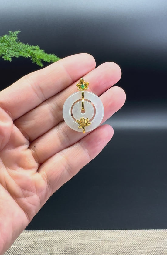 Load and play video in Gallery viewer, &amp;quot;Good Luck Button&amp;quot;Icy Jadeite Jade Lucky KouKou Pendant With 18K Yellow Gold Bail
