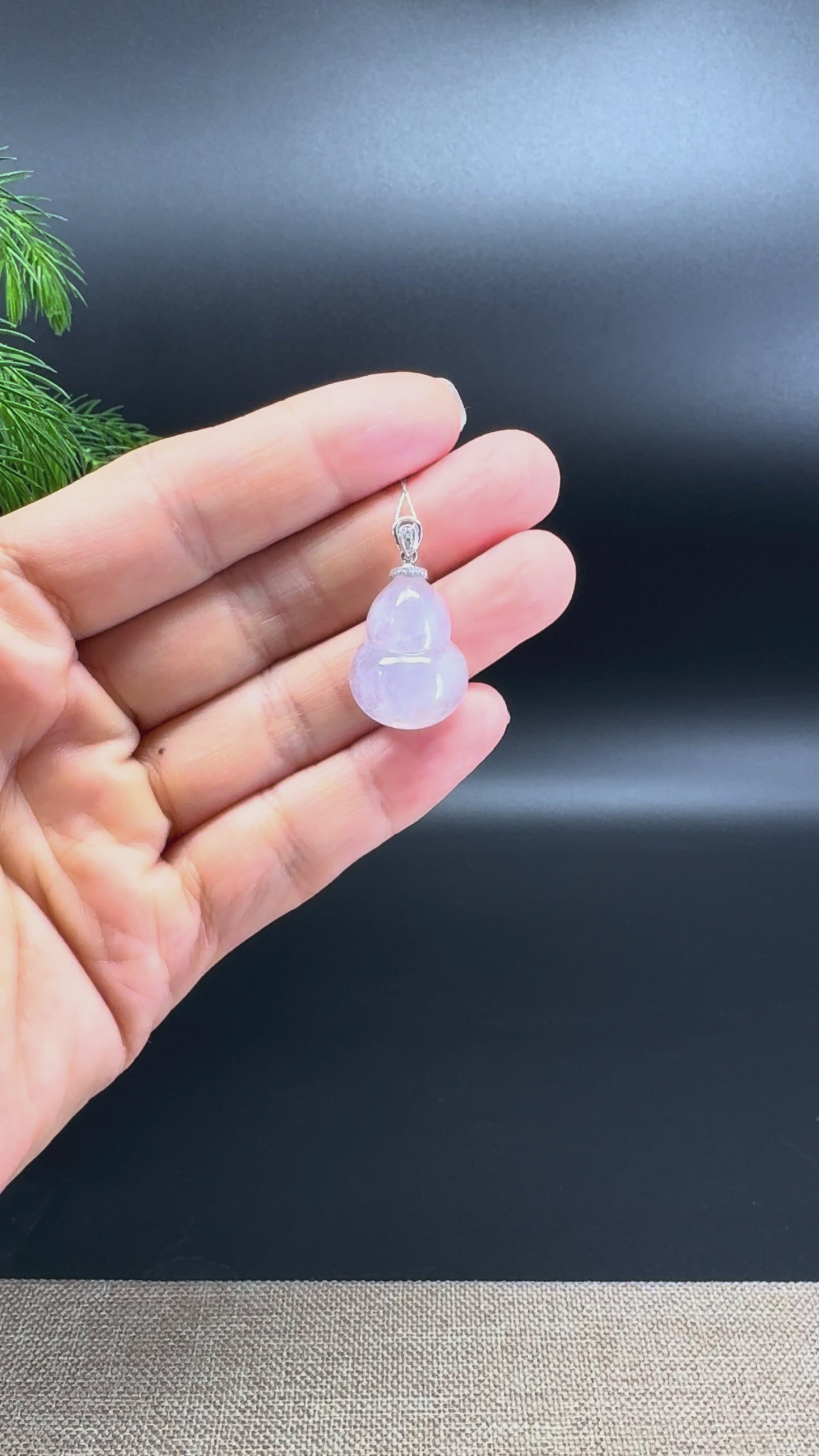 RealJade® Co. Genuine Icy Lavender Jadeite Jade Good Luck Hulu Bottle Gourd Necklace With 18K White Gold Bail