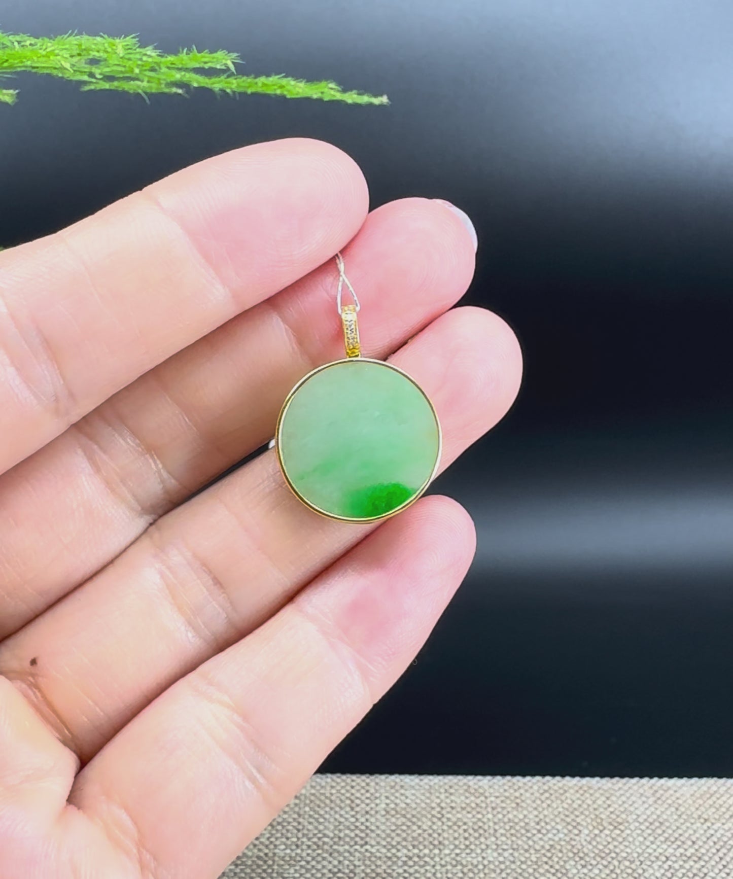 "Good Luck Button"Green Jadeite Jade Lucky KouKou Pendant With 18K Yellow Gold  Bail