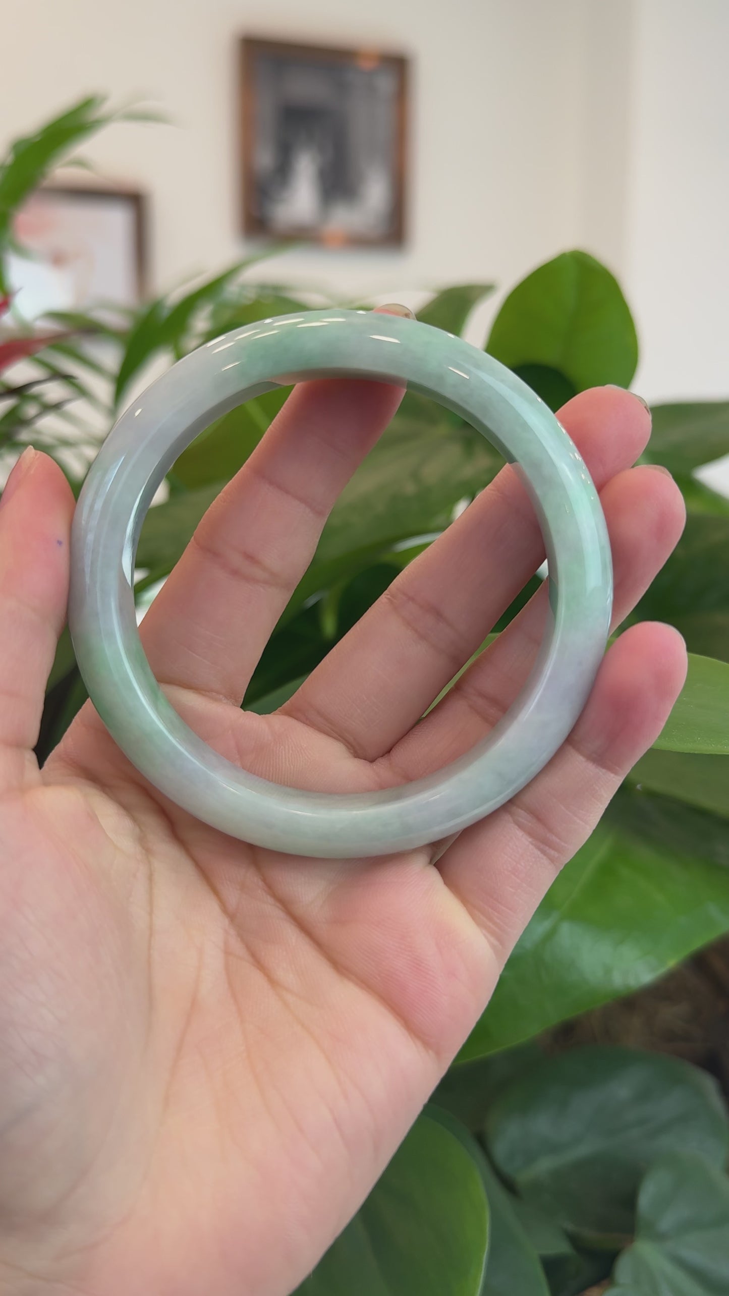 Load and play video in Gallery viewer, RealJade® Co. &amp;quot;Classic Bangle&amp;quot; Genuine Burmese Green Lavender Jadeite Jade Bangle Bracelet (62.65mm) #T207
