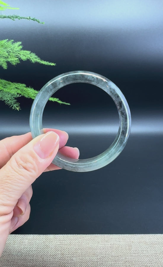 Load and play video in Gallery viewer, Genuine Burmese Icy Black Green Jade Jadeite Bangle Bracelet ( 52.6mm )
