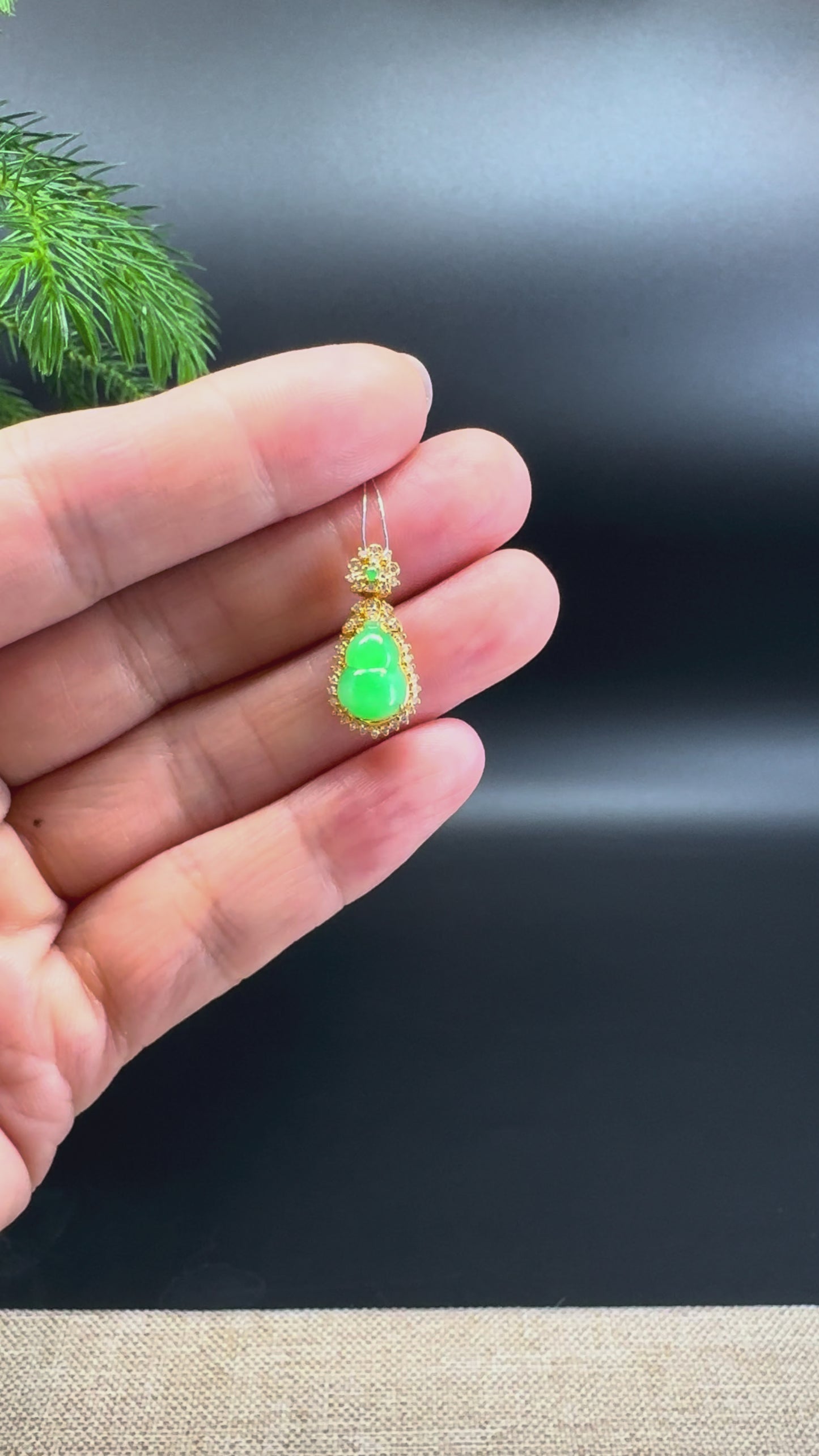 Genuine Green Jadeite Jade Mini Hulu Necklace With 18K Yellow Gold Diamonds Bail