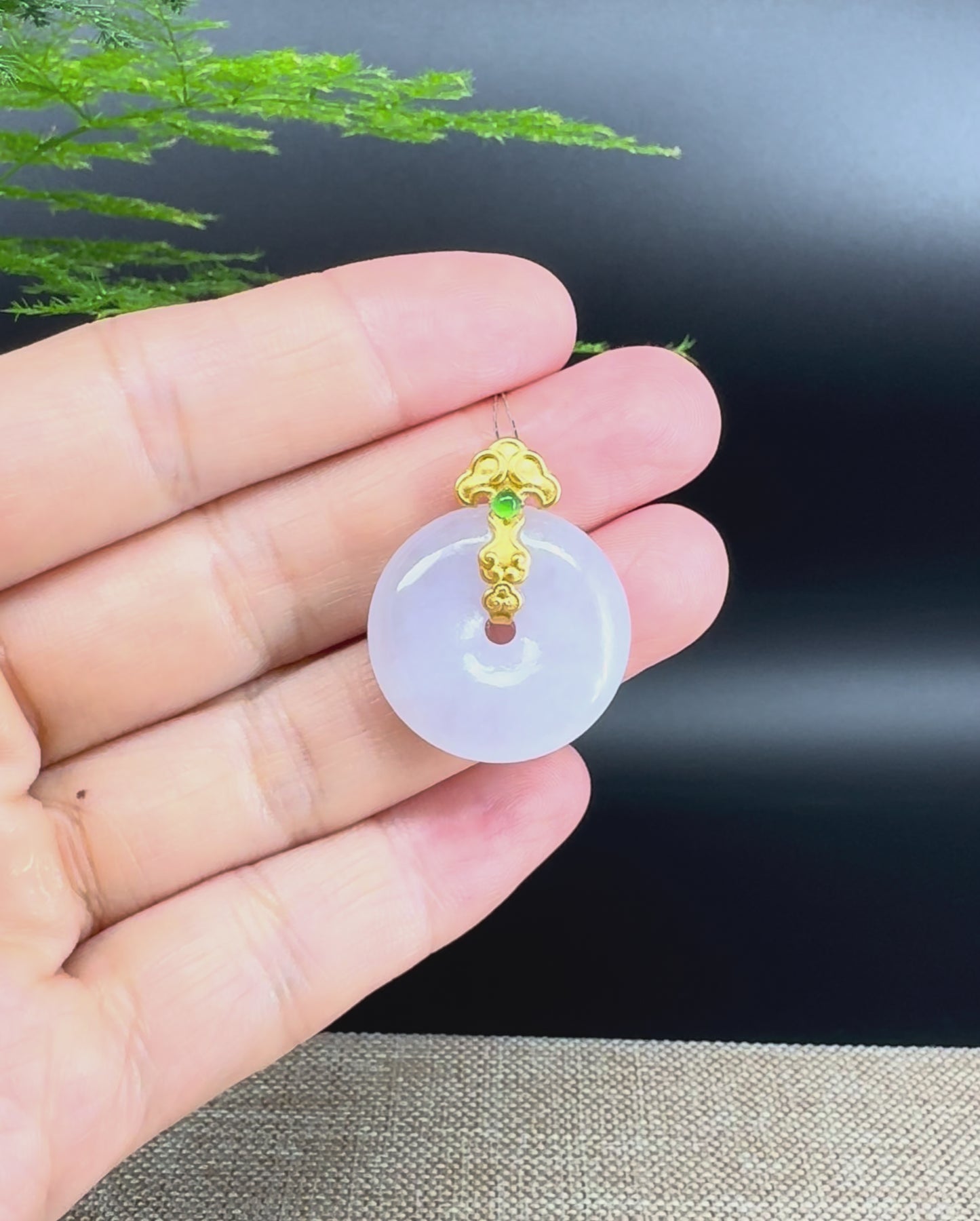 Load and play video in Gallery viewer, &amp;quot;Good Luck Button&amp;quot; Lavender Jadeite Jade Lucky KouKou Pendant With 18K Yellow Gold  Bail
