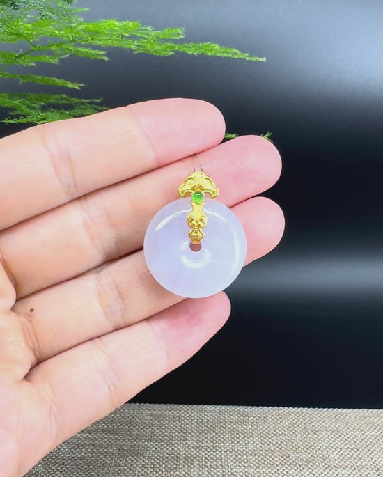 Load and play video in Gallery viewer, &amp;quot;Good Luck Button&amp;quot; Lavender Jadeite Jade Lucky KouKou Pendant With 18K Yellow Gold  Bail
