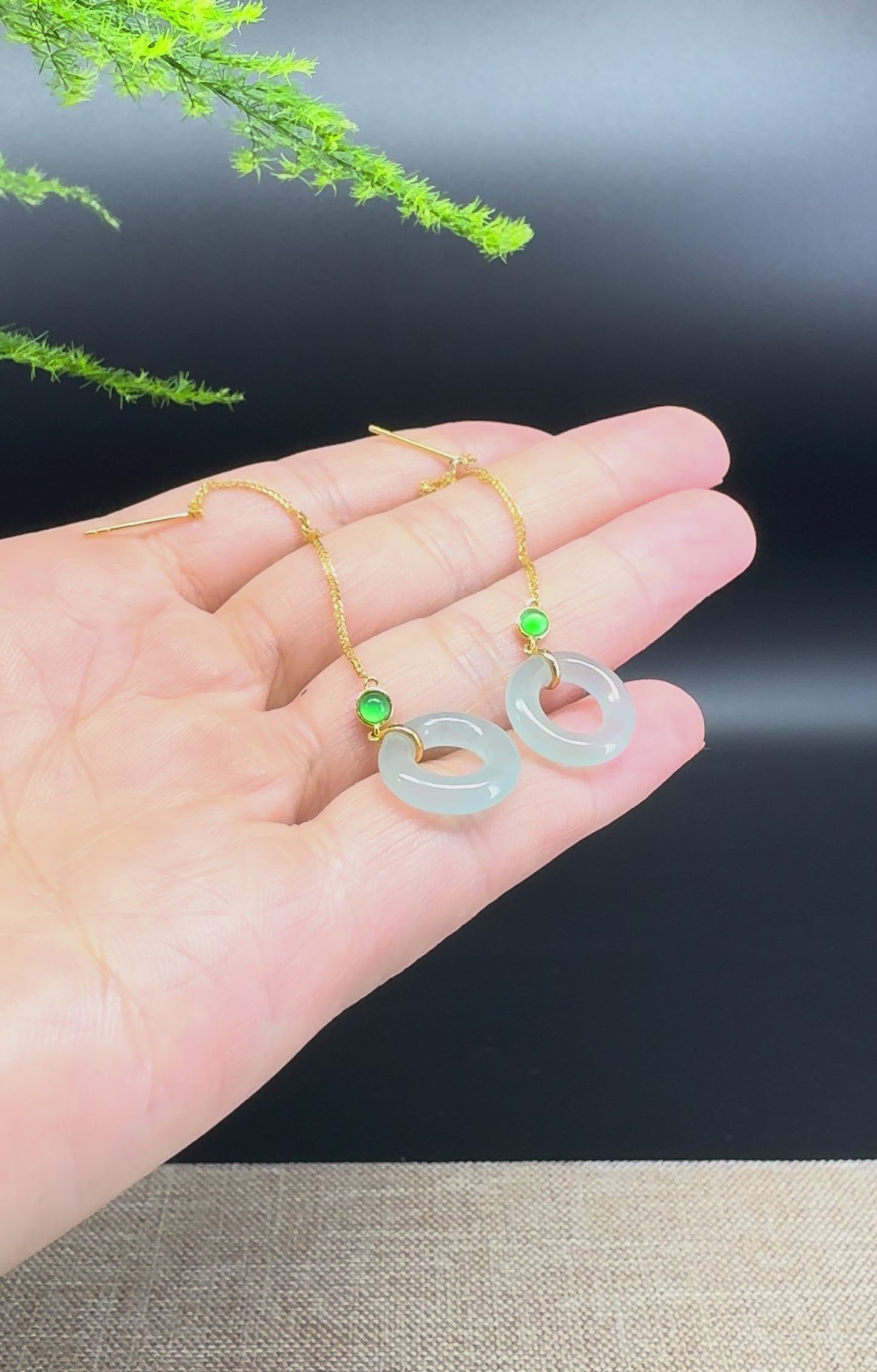 18k Yellow Gold Genuine Icy Green Jadeite Jade Earrings
