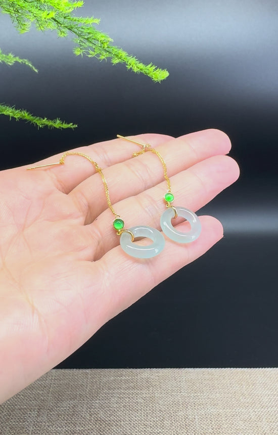 Load and play video in Gallery viewer, 18k Yellow Gold Genuine Icy Green Jadeite Jade Earrings
