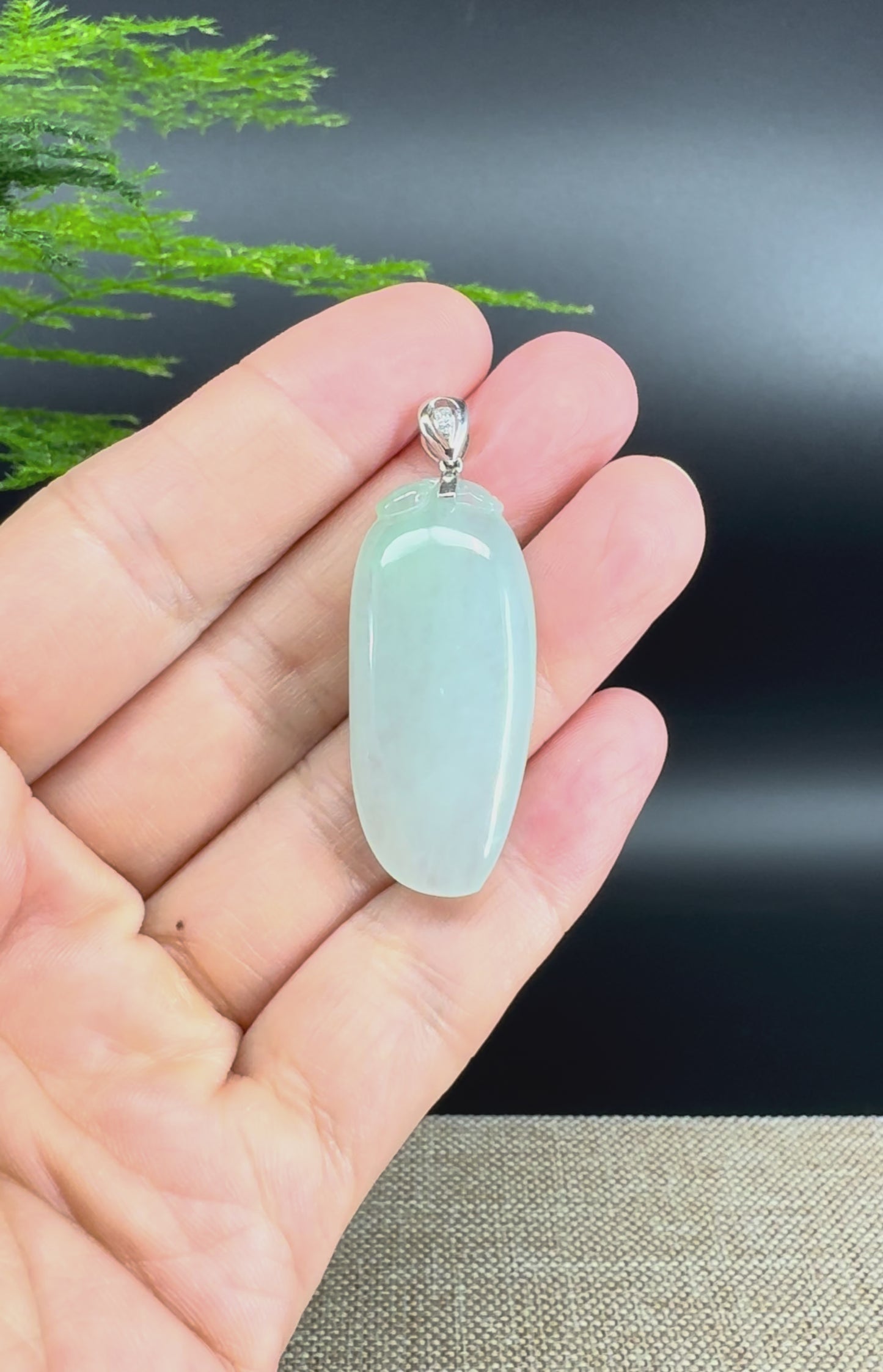 "Good Luck Button" Icy Green Jadeite Jade Shou Tao Pendant With 18K White Gold Bail
