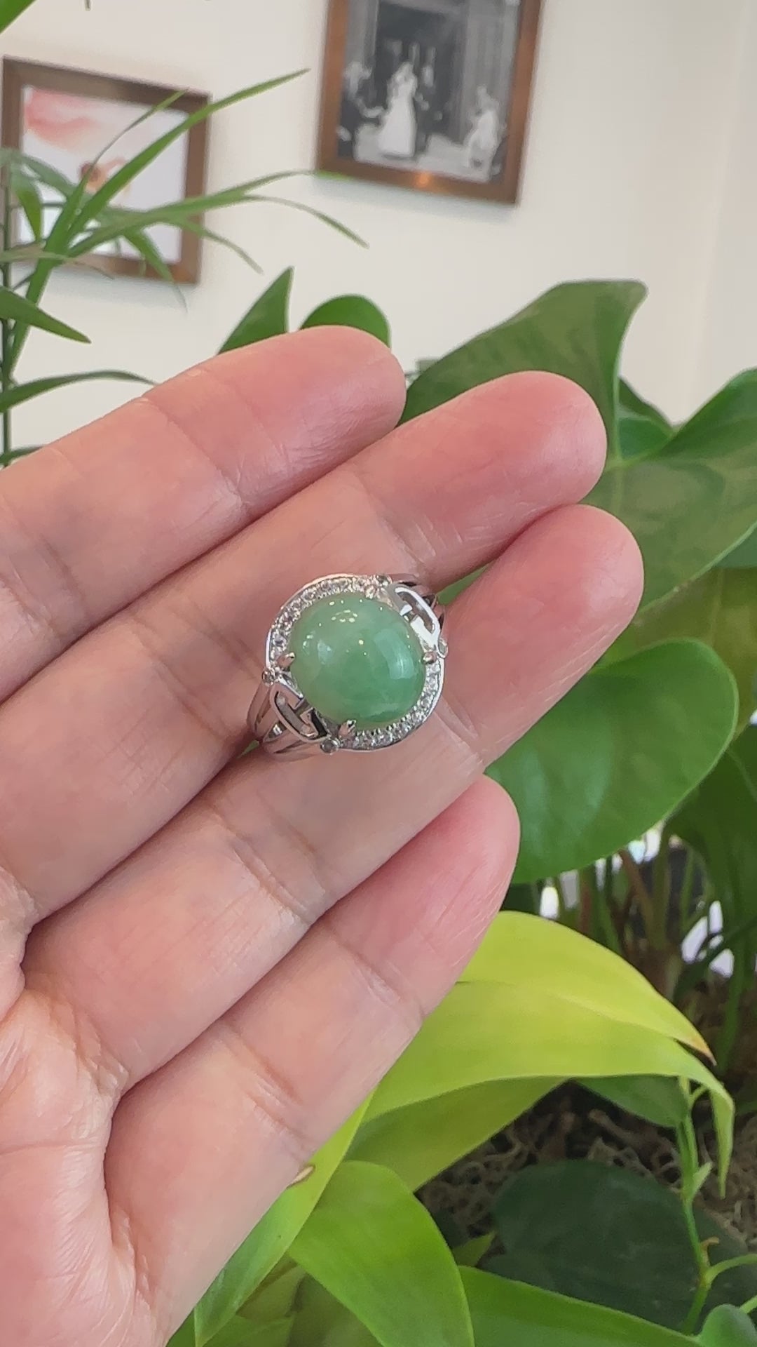 Load and play video in Gallery viewer, RealJade® Co. RealJade® Co. Sterling Silver Natural Imperial Green Oval Jadeite Jade Ring With White Sapphire
