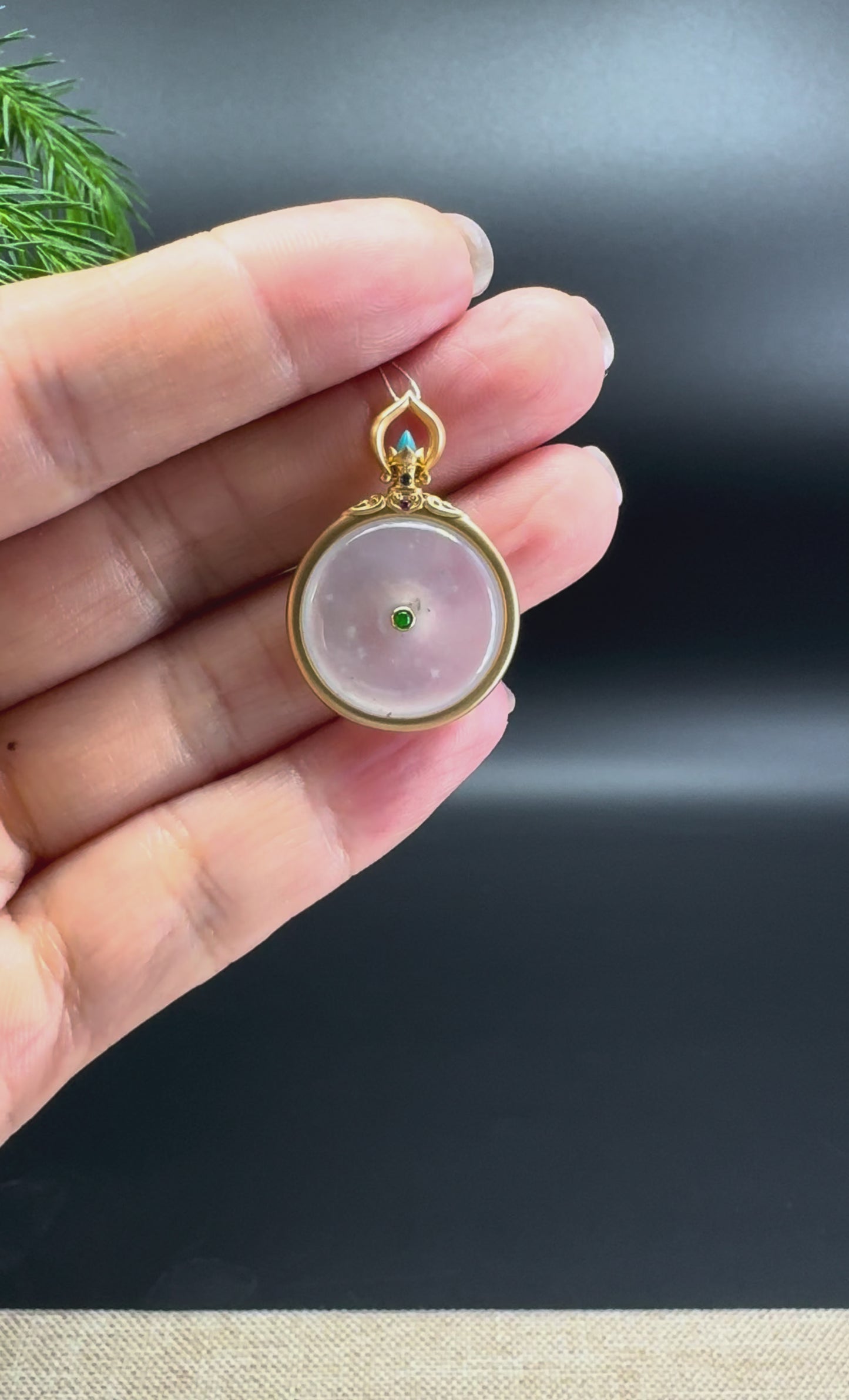 "Good Luck Button" Icy Jadeite Jade Lucky KouKou Pendant With 18K Yellow Gold Bail