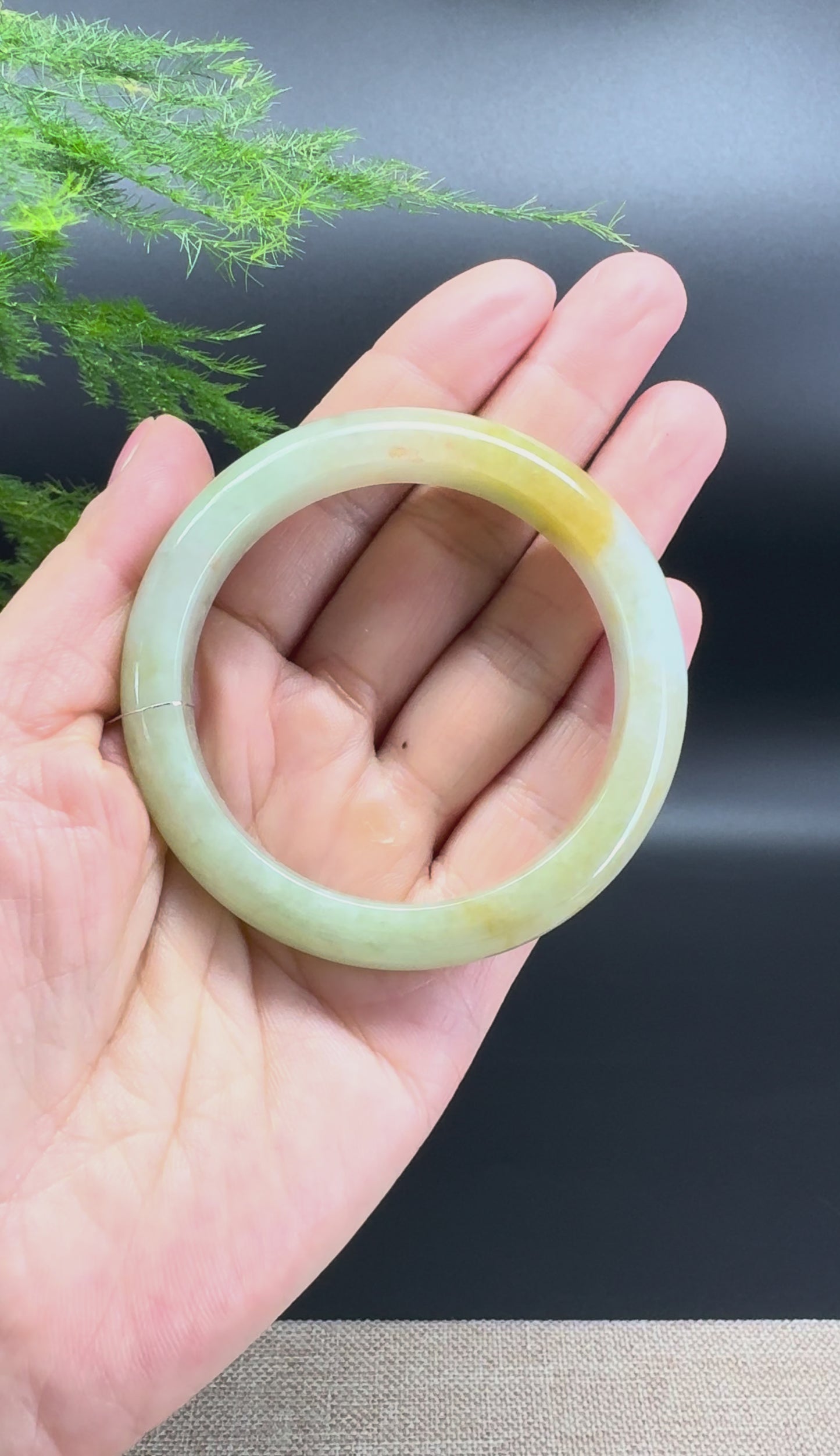 Load and play video in Gallery viewer, Genuine Burmese Yellow Green Jade Jadeite Bangle Bracelet ( 52.7mm )
