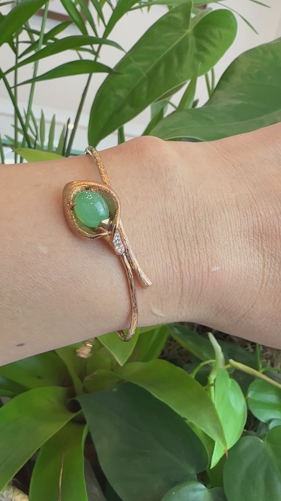 Load and play video in Gallery viewer, 18k Rose Gold &amp;quot;Morning Glory&amp;quot; Half Bracelet Bangle with Green Imperial Jade &amp;amp; Diamonds
