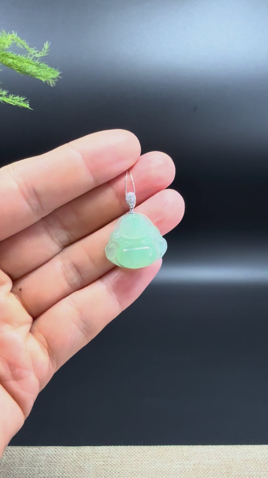 Load and play video in Gallery viewer, 18K White Gold Burmese Icy Apple Green Jadeite Jade Happy Buddha Pendant
