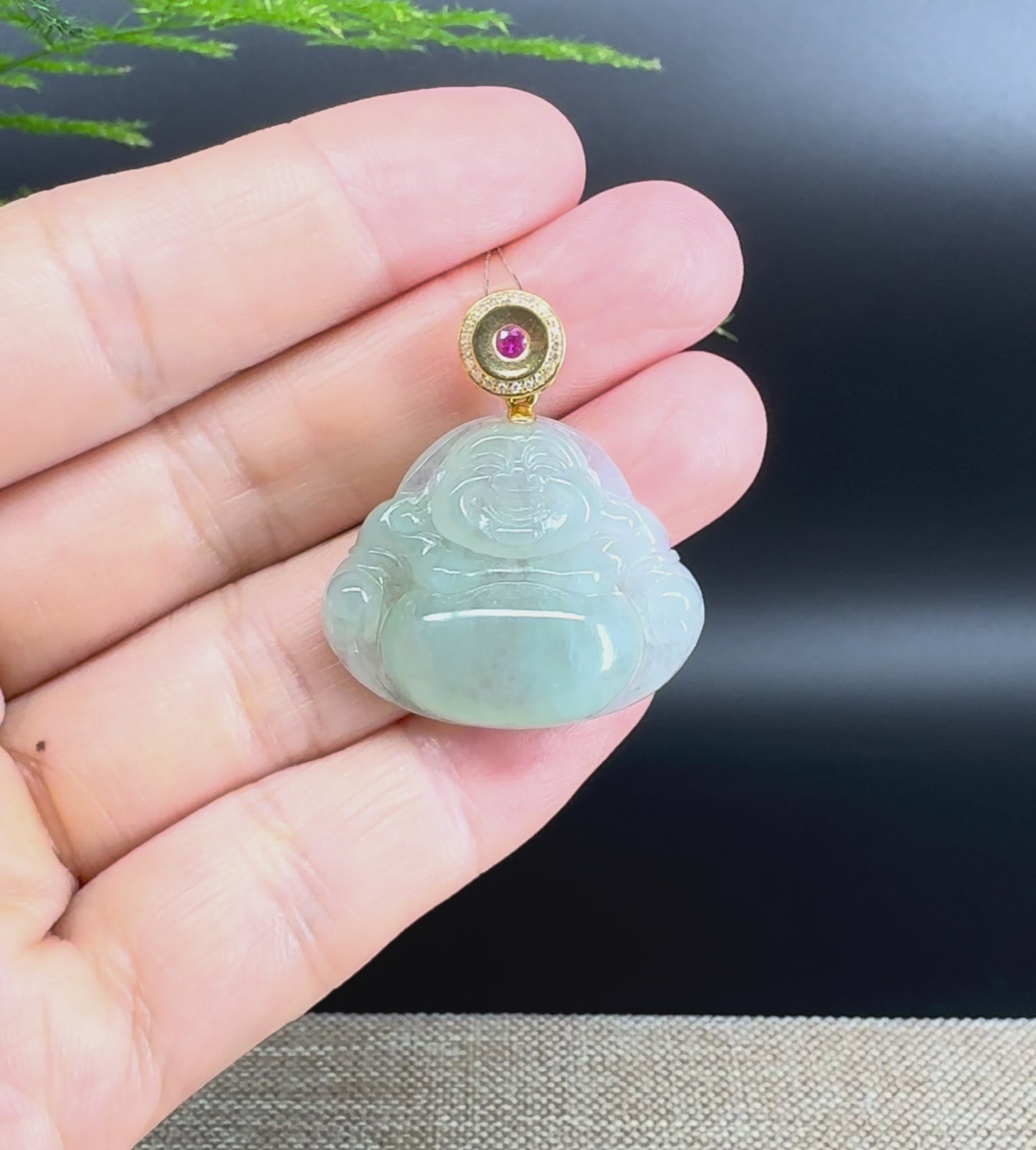 Load and play video in Gallery viewer, 18K Yellow Gold Burmese Icy Green Jadeite Jade Happy Buddha Pendant
