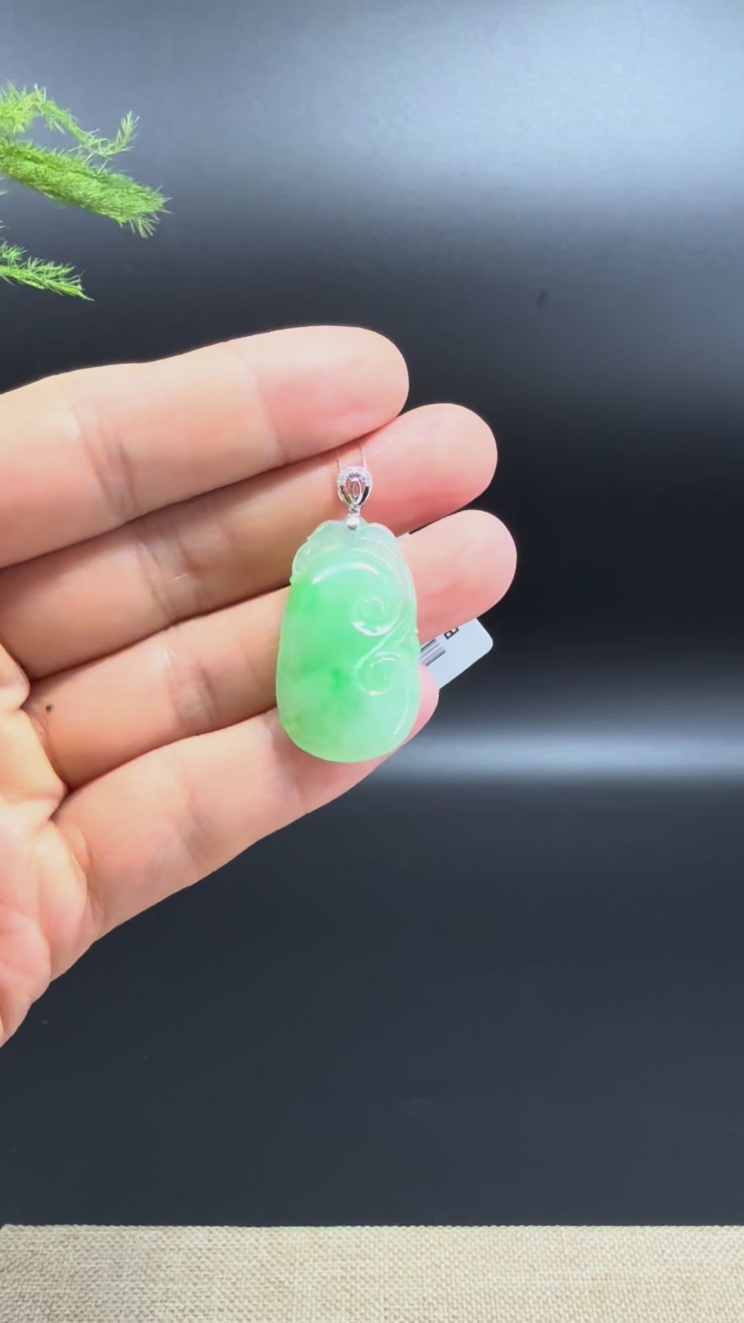 RealJade® Co. Genuine Green Jadeite Jade Good Luck RuYi Necklace With 18K White Gold Diamonds Bail