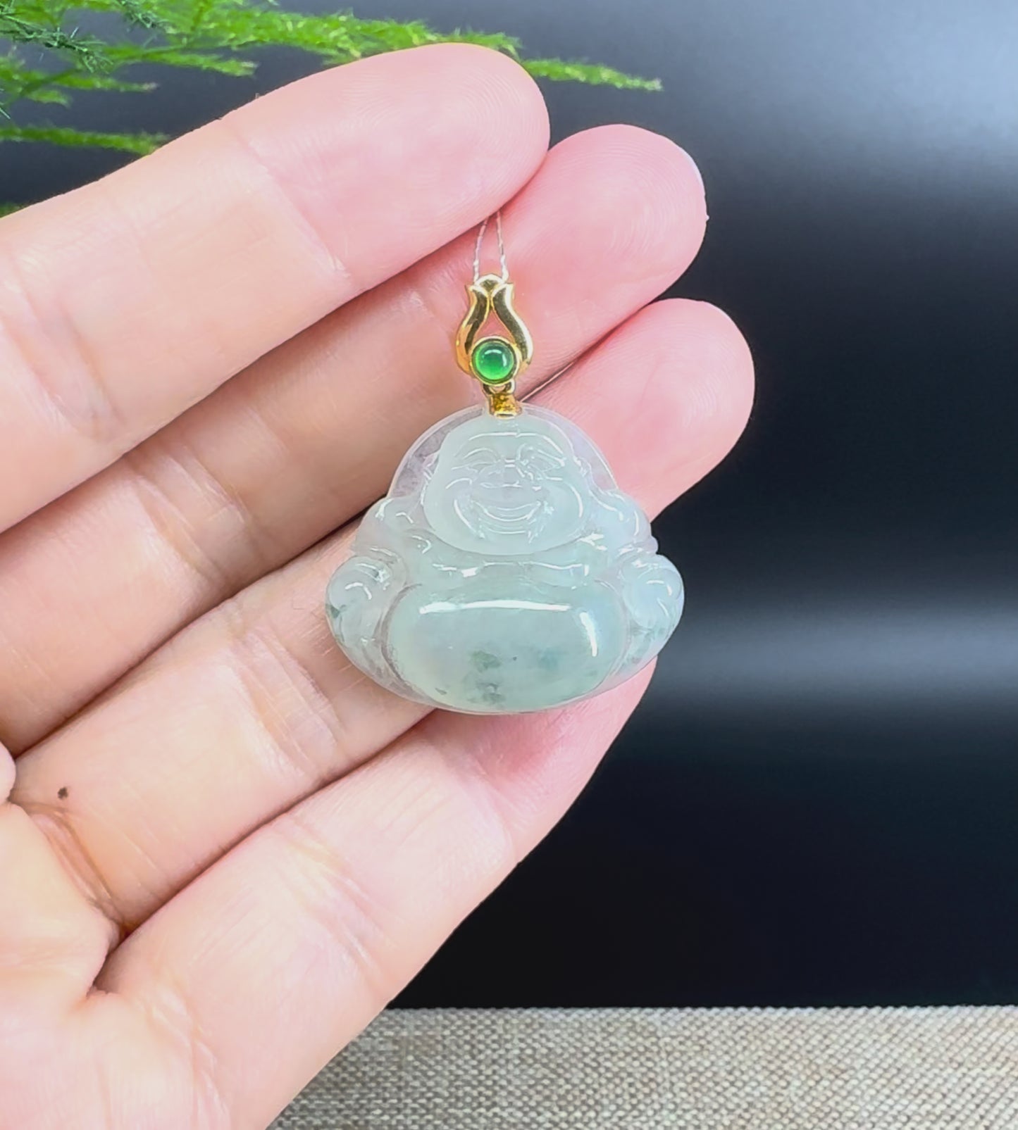 Load and play video in Gallery viewer, 18K Yellow Gold Burmese Icy Green Jadeite Jade Happy Buddha Pendant

