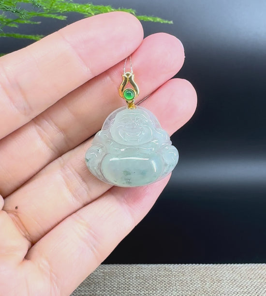Load and play video in Gallery viewer, 18K Yellow Gold Burmese Icy Green Jadeite Jade Happy Buddha Pendant
