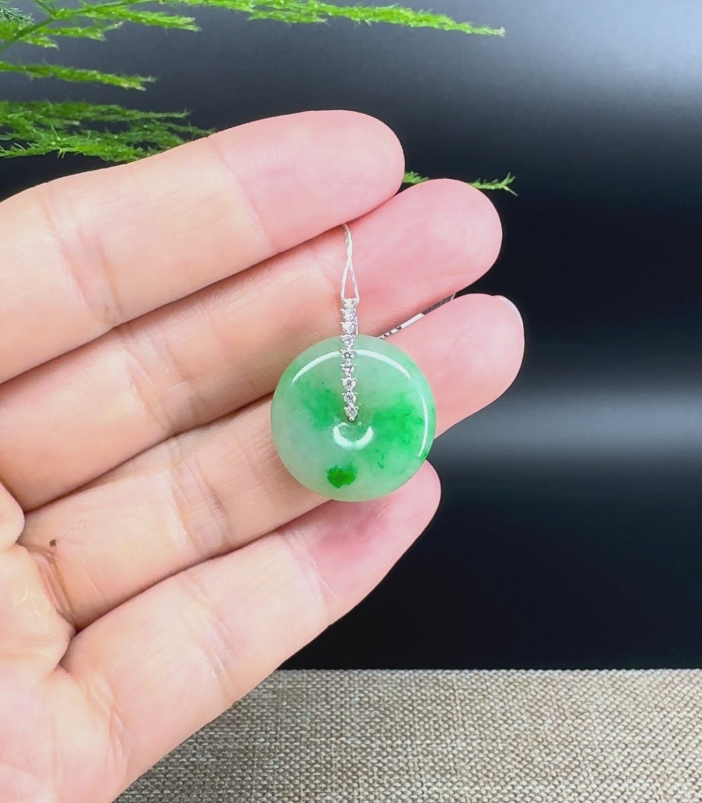 "Good Luck Button" Green Jadeite Jade Lucky KouKou Pendant With 18K White Gold Diamond Bail
