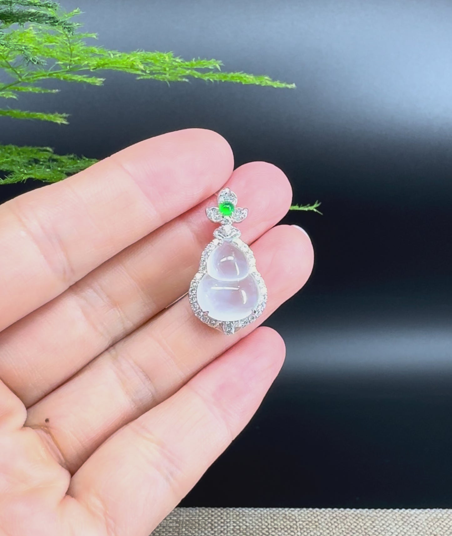 RealJade® Co. Genuine Icy Jadeite Jade Good Luck Hulu Bottle Gourd Necklace With 18K White Gold Bail
