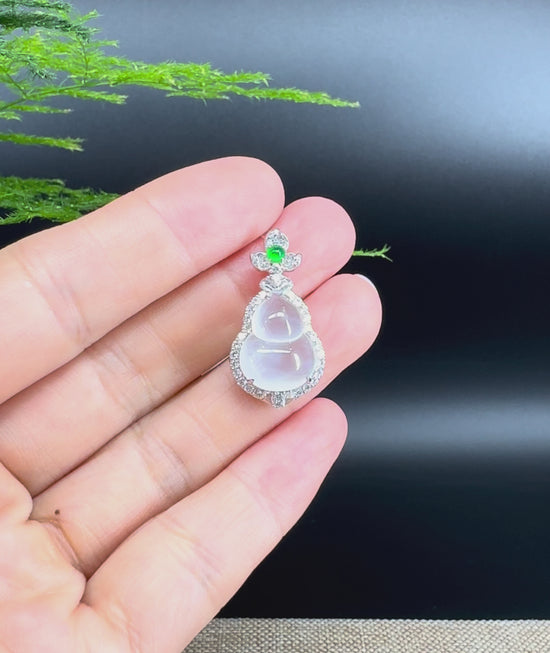 Load and play video in Gallery viewer, RealJade® Co. Genuine Icy Jadeite Jade Good Luck Hulu Bottle Gourd Necklace With 18K White Gold Bail
