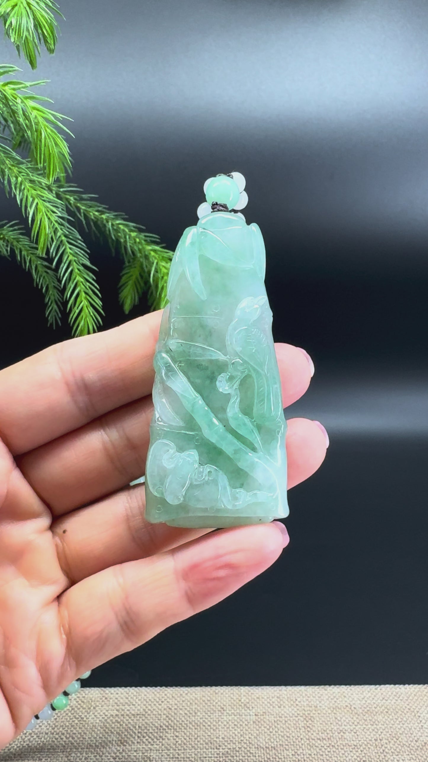 RealJade® Co.Natural Blue Green Jadeite Jade Bamboo Pendant