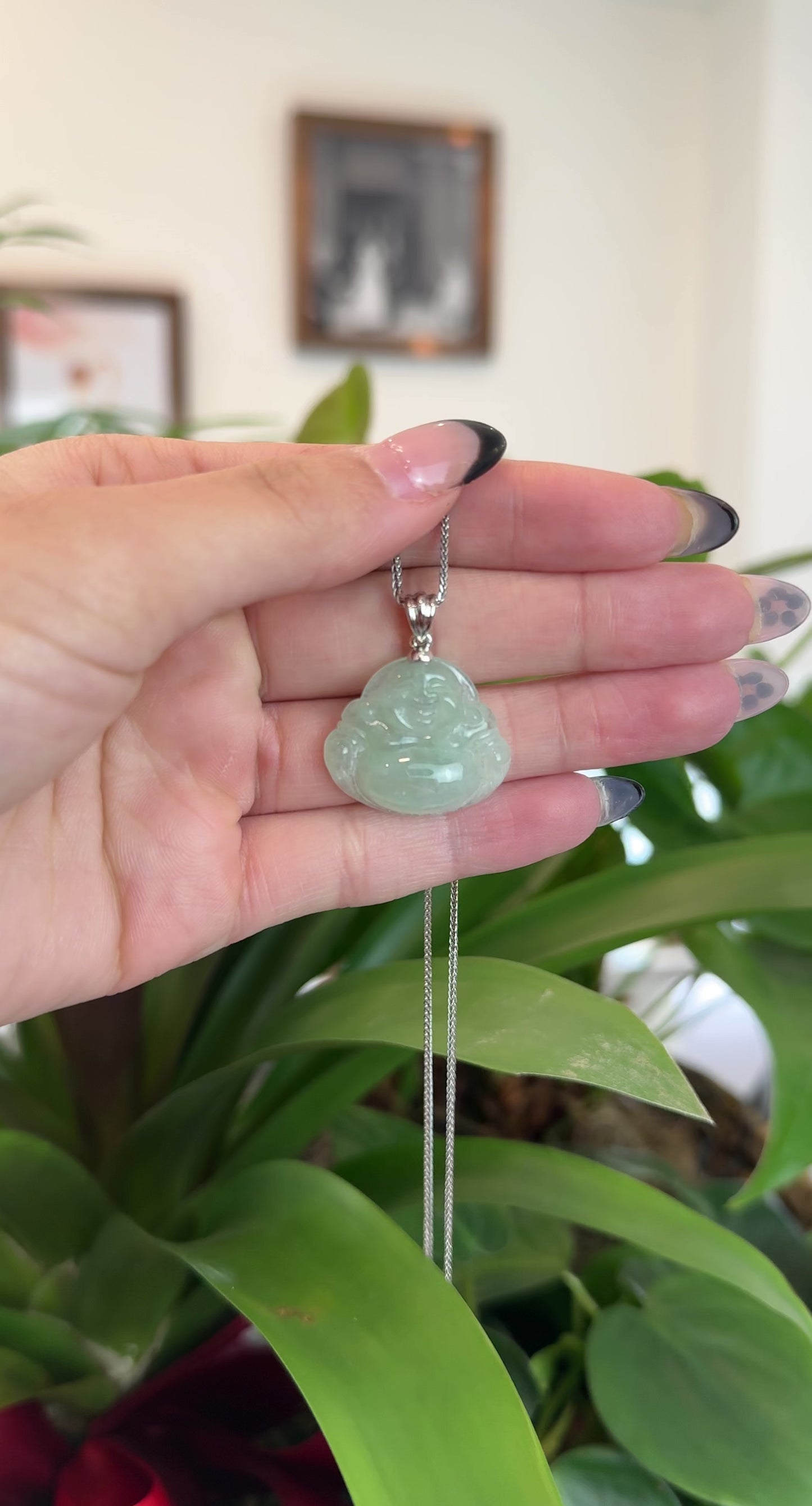 Load and play video in Gallery viewer, RealJade Co.® &amp;quot;Laughing Buddha&amp;quot; Genuine Green Jadeite Buddha Pendant Necklace With Silver  Bail
