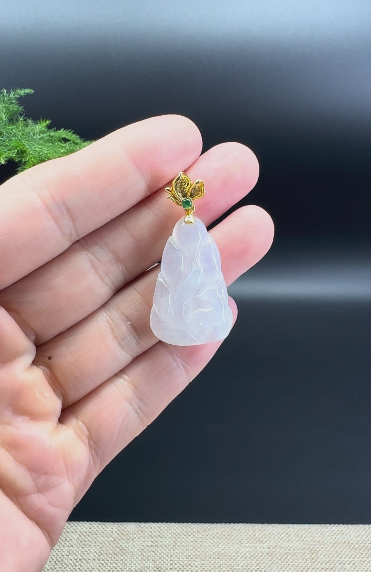 Genuine Icy Jadeite Jade Nine-Tailed Fox Necklace With 18K Yellow Gold Diamonds Bail