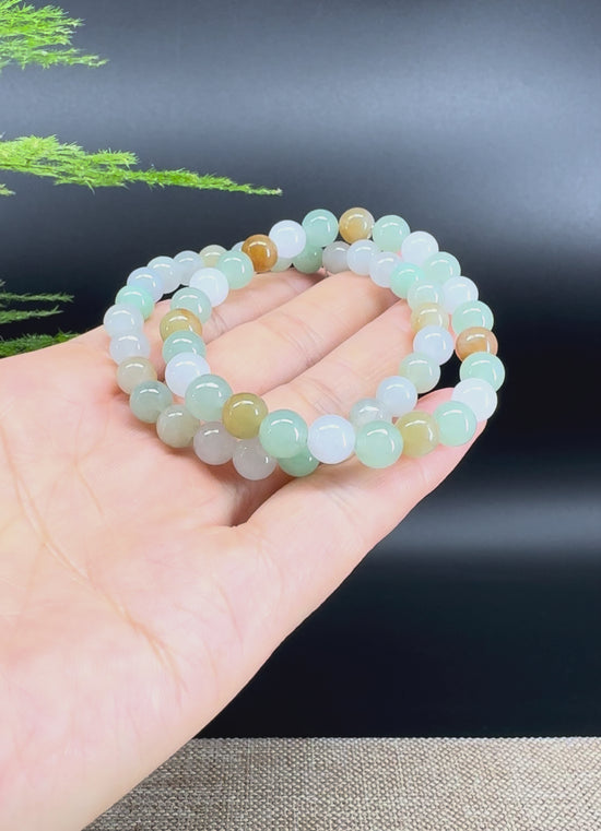 Load and play video in Gallery viewer, RealJade® Co. Genuine Jadeite Jade Round Ice Multiple Colors Beads Bracelet (7 mm)
