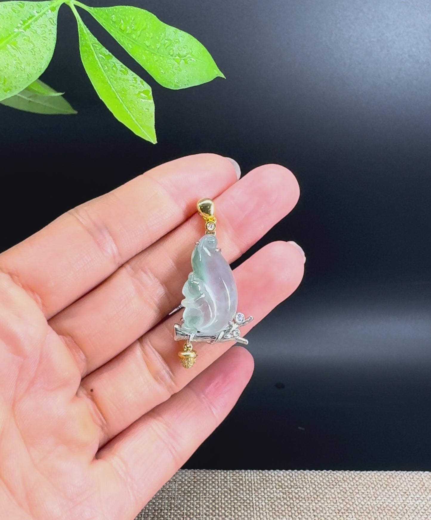 Load and play video in Gallery viewer, High-end 18K Gold Burmese Icy Green Jadeite Jade Squirrel Pendant with Diamond
