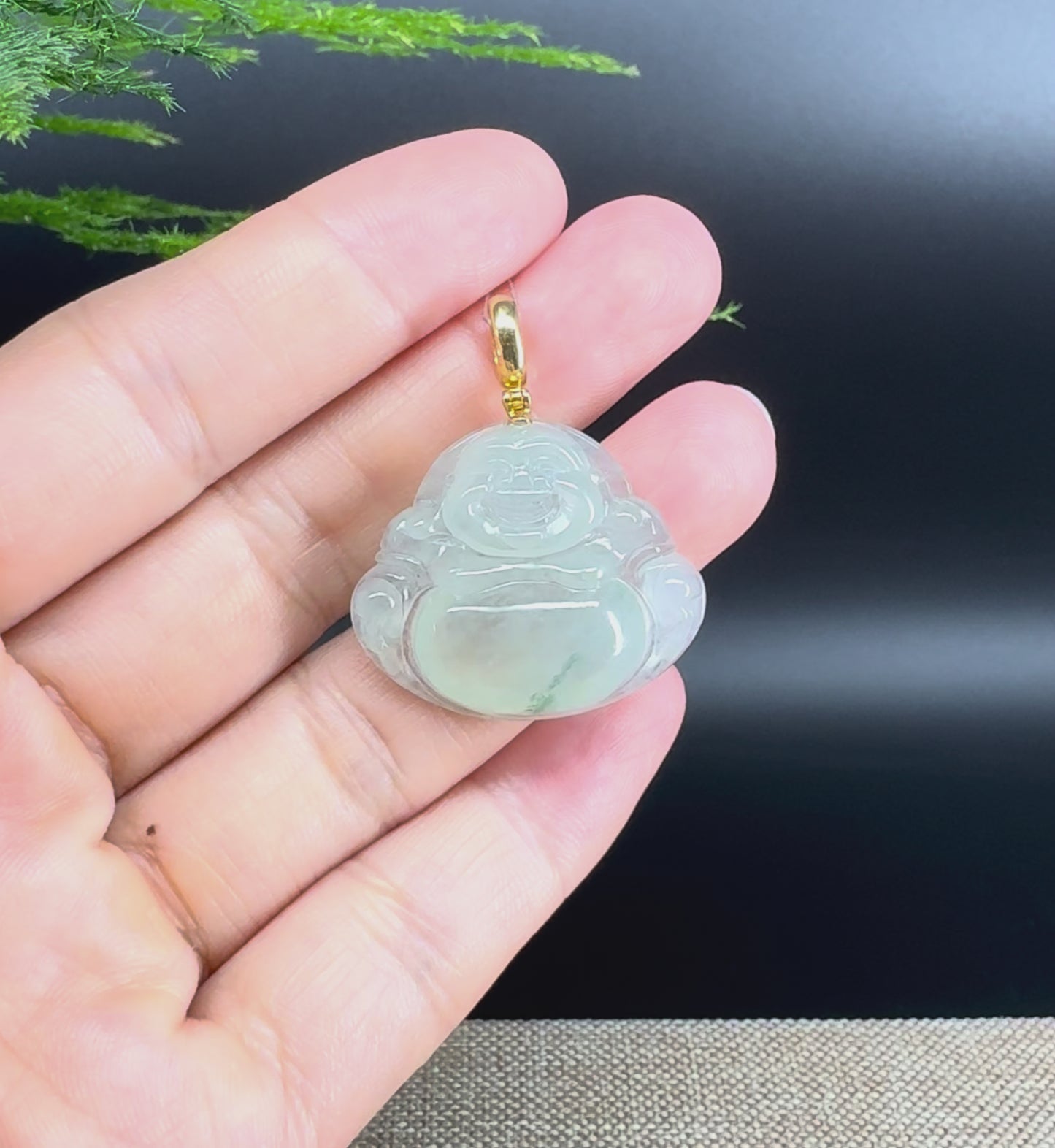Load and play video in Gallery viewer, 18K Yellow Gold Burmese Icy Green Jadeite Jade Happy Buddha Pendant
