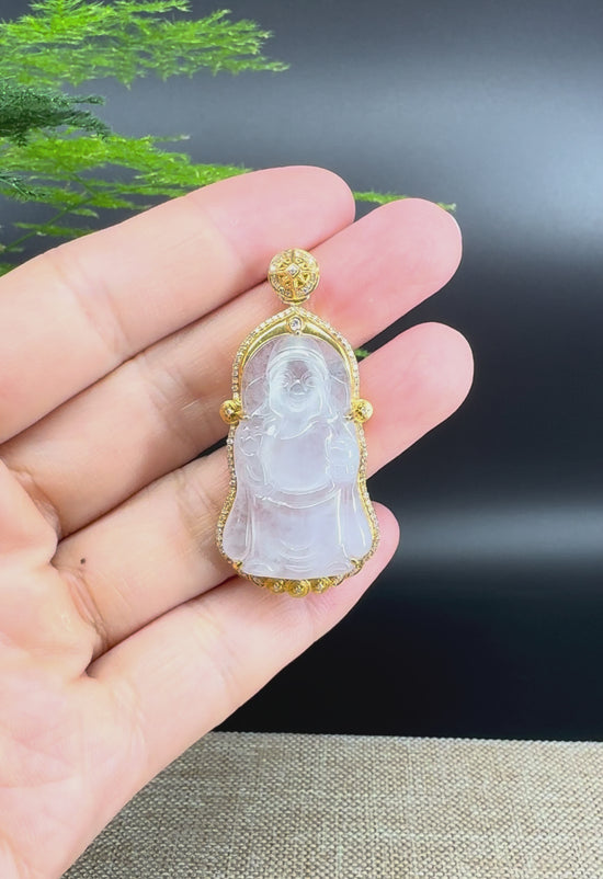 Load and play video in Gallery viewer, High-end 18K Yellow Gold Burmese Icy Jadeite Jade Money Saint Pendant with Diamonds
