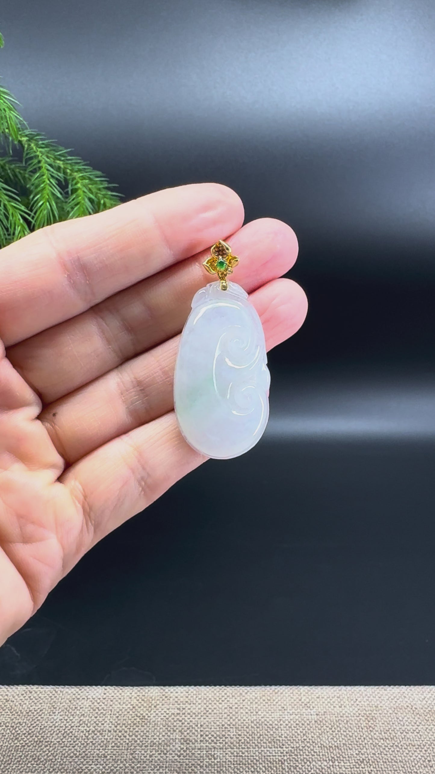 RealJade® Co. Genuine Burmese Icy White Jadeite Jade RuYi Pendant with 18k Yellow Gold Diamonds Bail