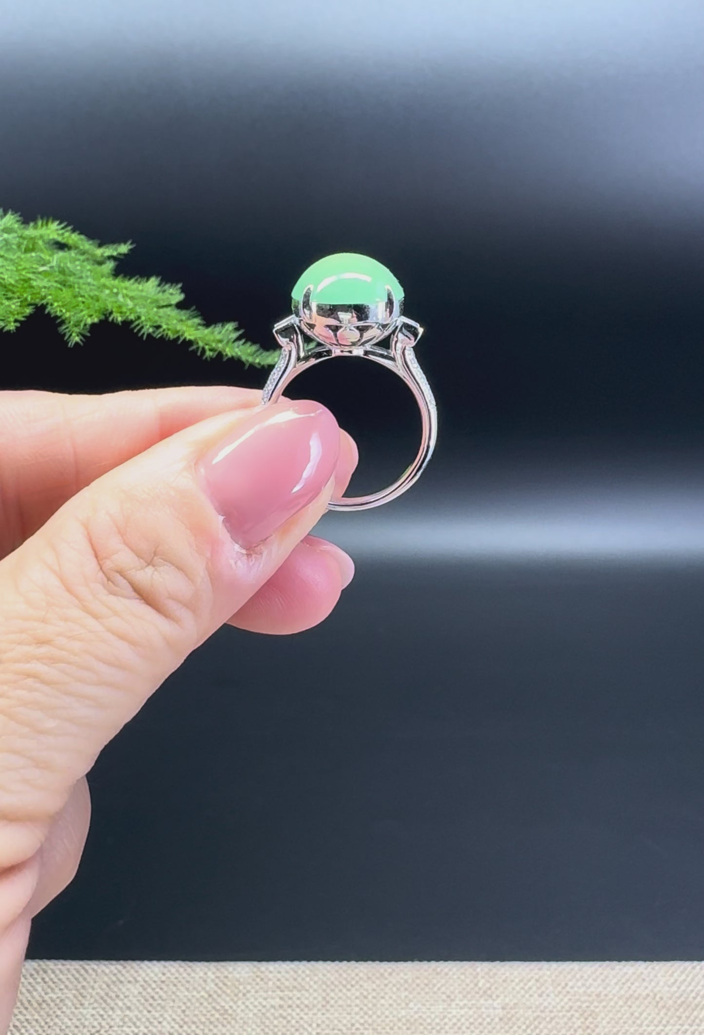 RealJade® Co. 18k White Gold Natural Icy Green Oval Jadeite Jade Engagement Ring With Diamonds
