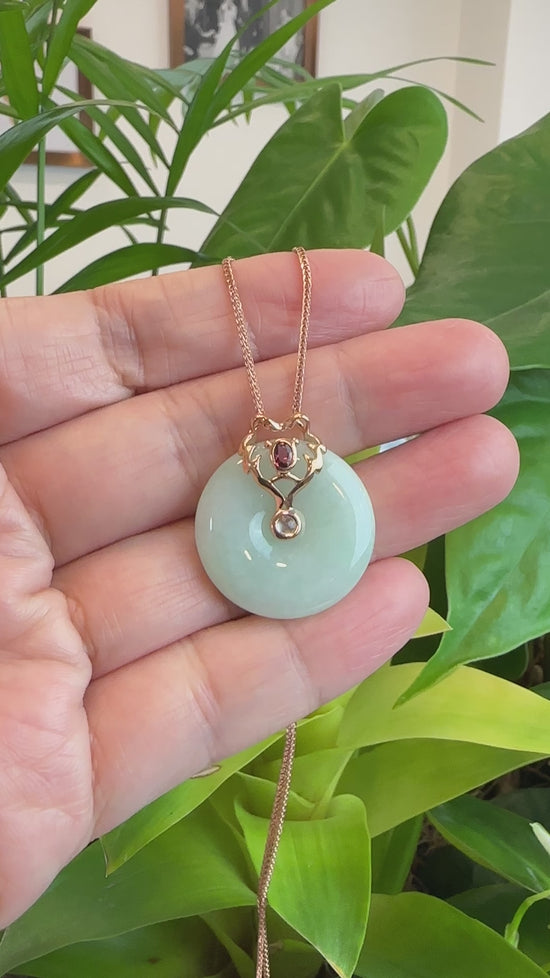 Load and play video in Gallery viewer, 18k Rose Gold Genuine Jadeite Constellation (Leo) Necklace Pendant with Tourmaline
