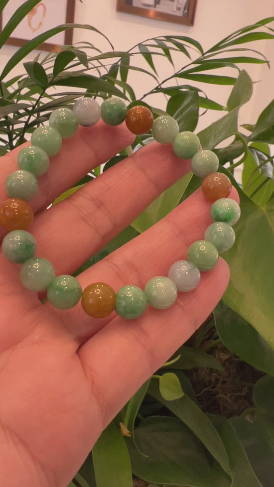 Load and play video in Gallery viewer, Genuine Jadeite Jade Round Multiple Colors Beads Bracelet ( 9 mm)
