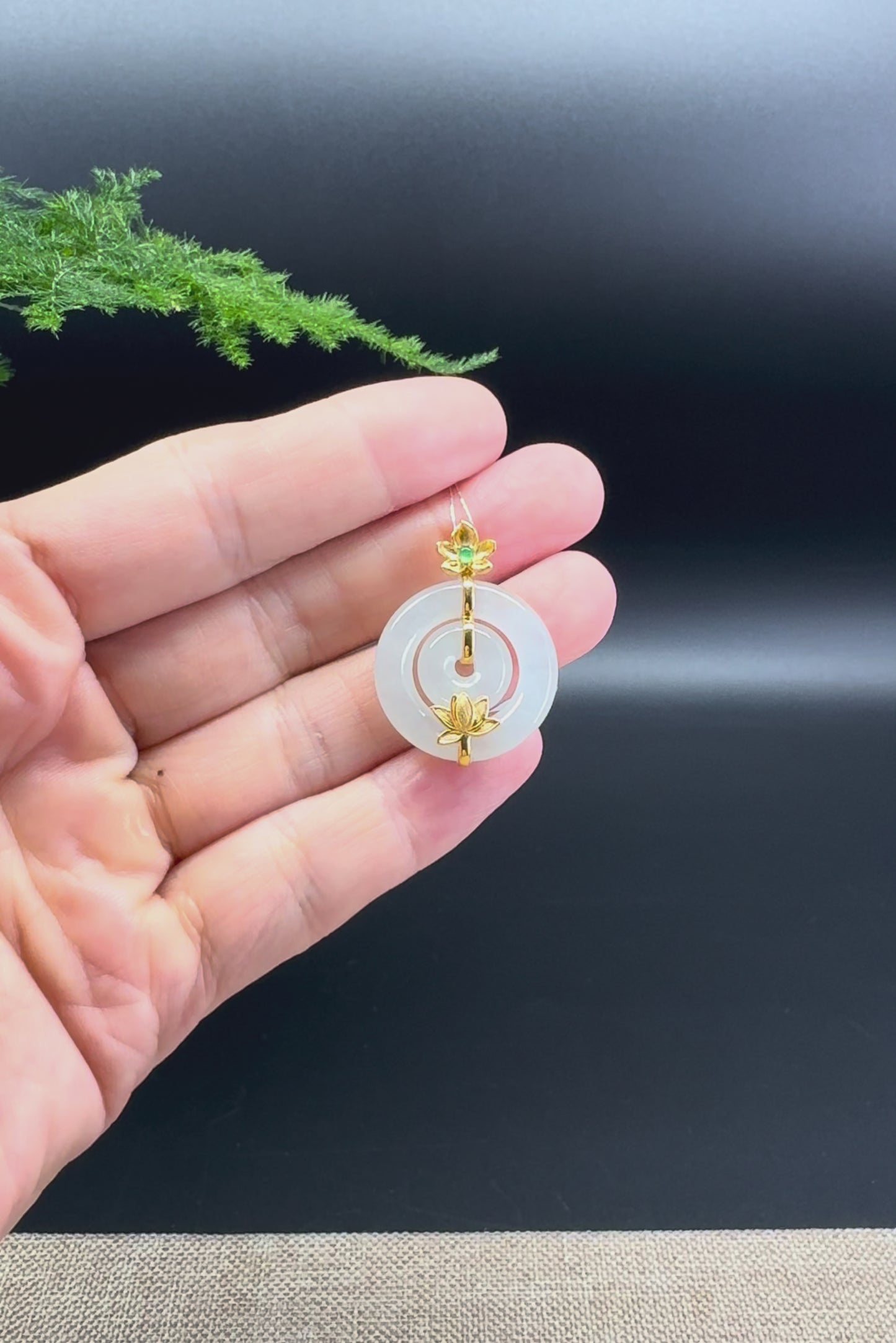Load and play video in Gallery viewer, &amp;quot;Good Luck Button&amp;quot;Icy Jadeite Jade Lucky KouKou Pendant With 18K Yellow Gold Bail
