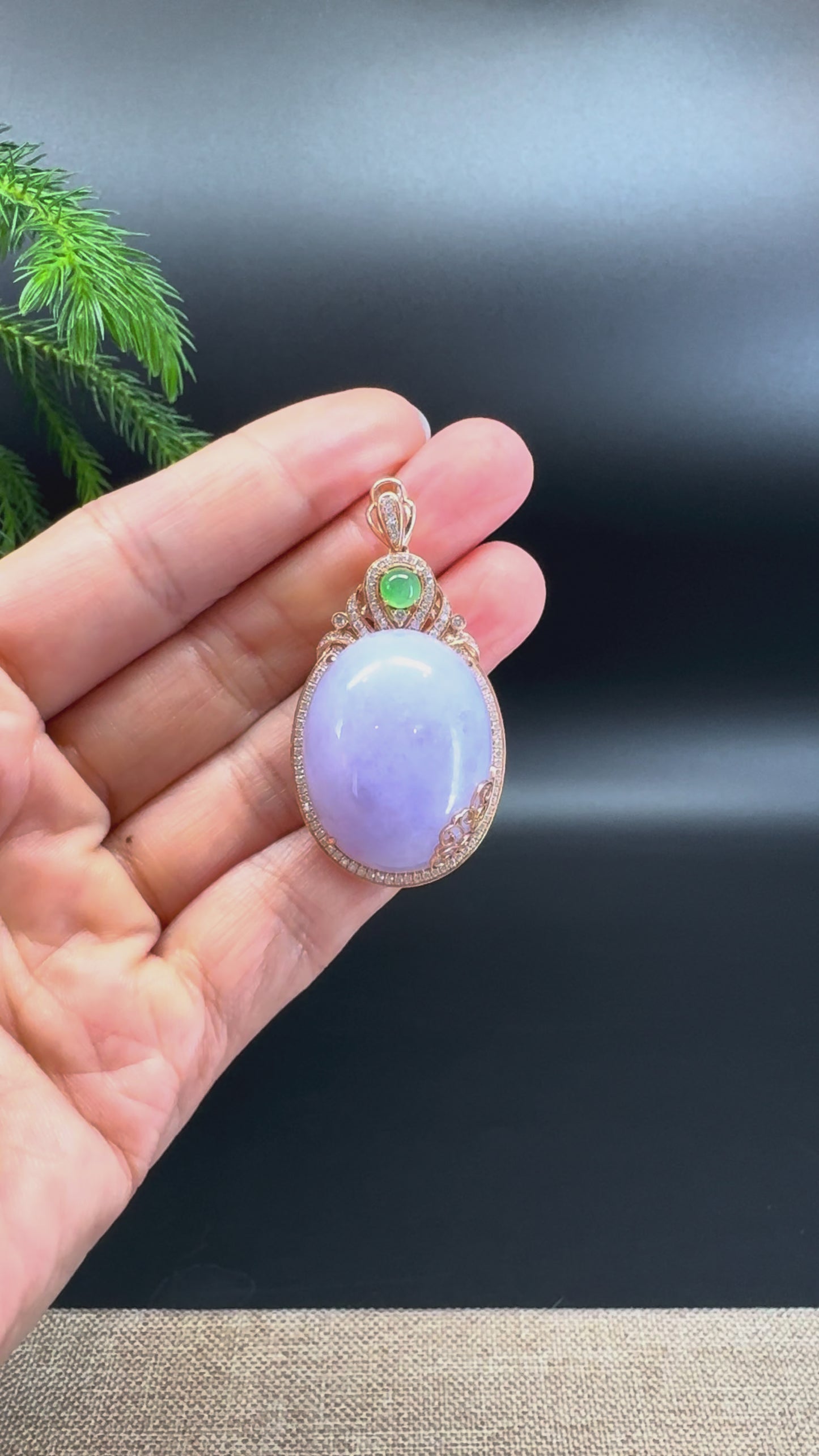 RealJade® Co. Luxury Genuine Lavender Jadeite Jade Cabochon Necklace With 18K Rose Gold Diamond Bail