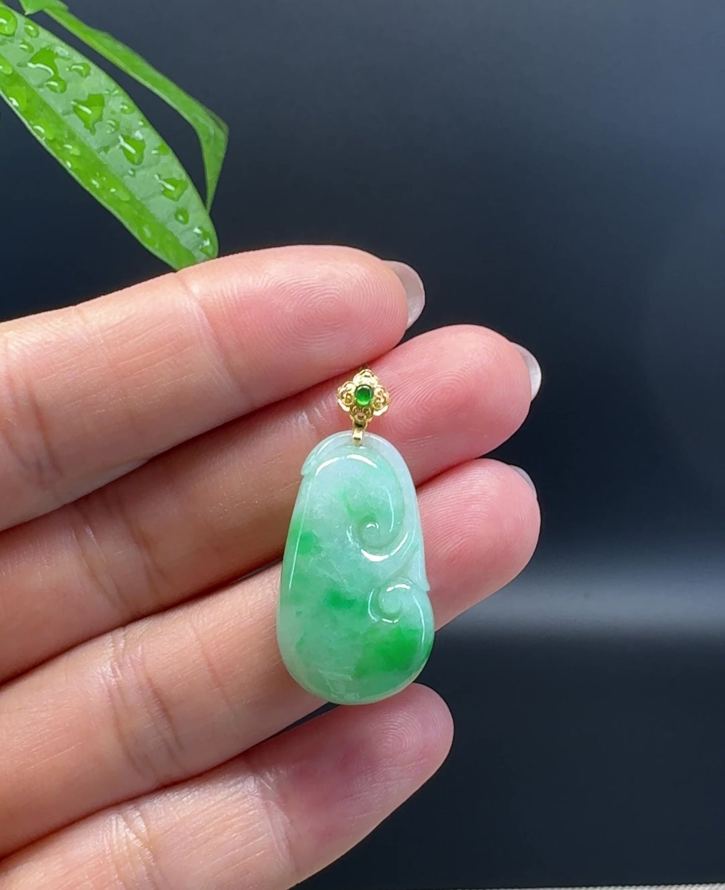 RealJade® Co. Genuine Green Jadeite Jade Good Luck RuYi Necklace With 18K Yellow Gold Bail