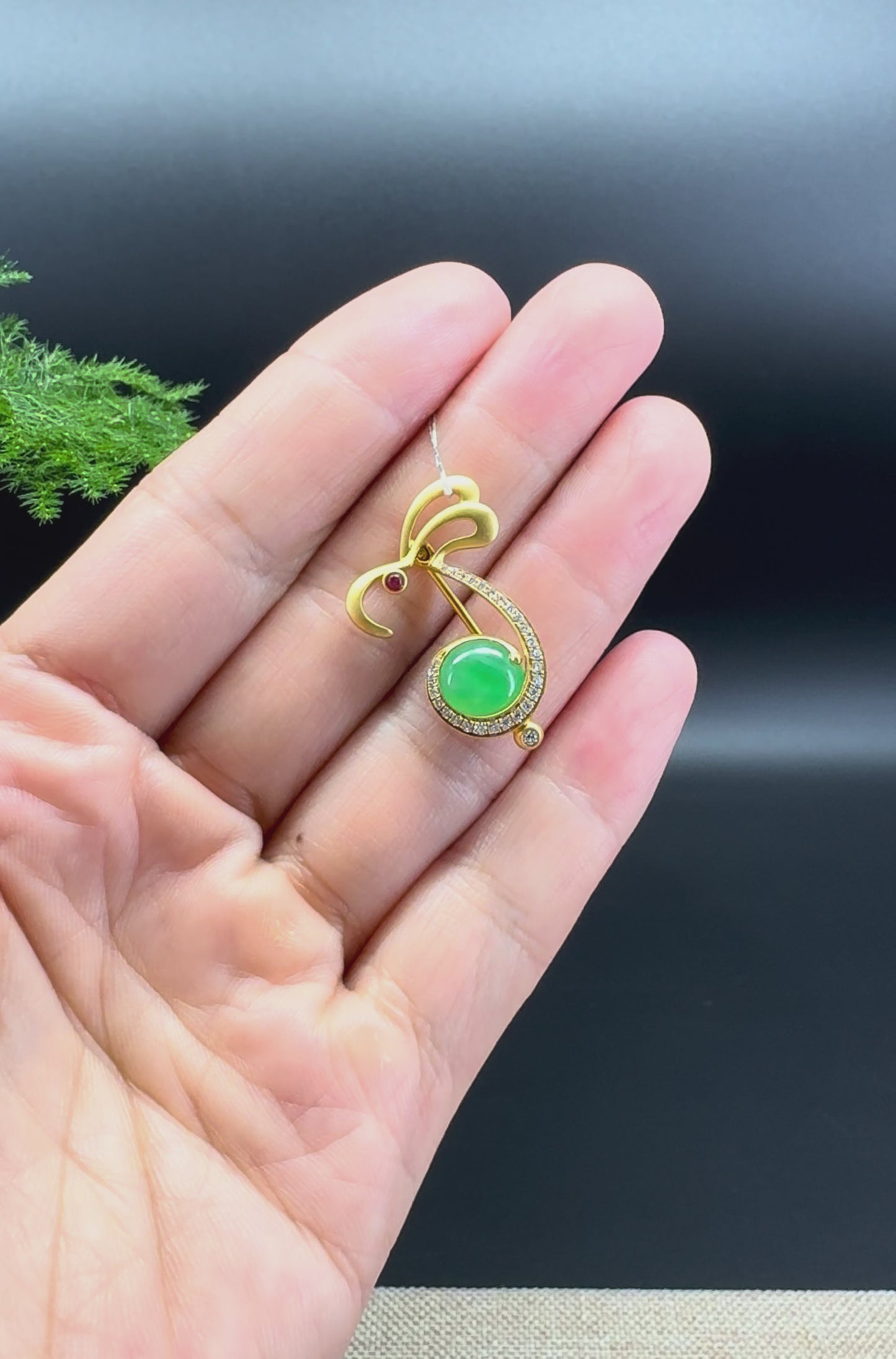 RealJade® 18k Yellow Gold Genuine Green Jade Rabbit Pendant & Brooch with Diamonds