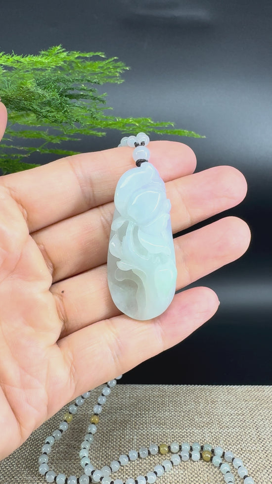 Load and play video in Gallery viewer, RealJade® Co.  Genuine Burmese Jadeite Jade Lavender Green Flower Pendant Necklace
